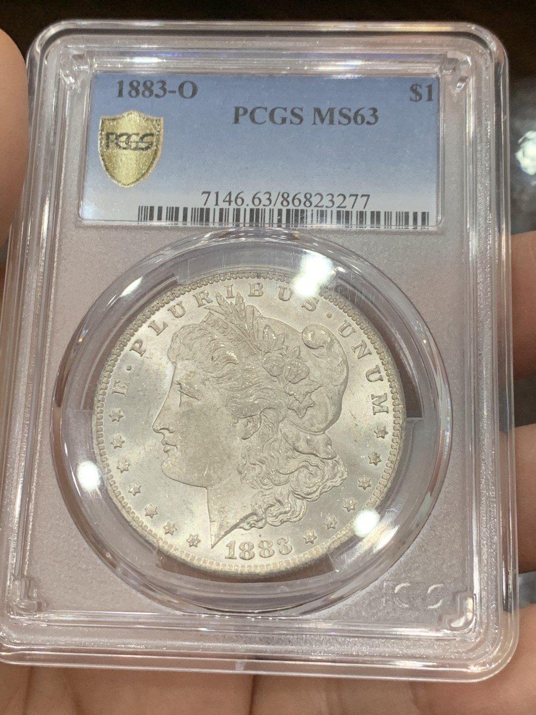 《竞宝斋》第121场-周日，周一 ，2场连拍（全场包邮） PCGS-MS63 美国1883年O版摩根1元大银币 底板有PL的感觉 爆光