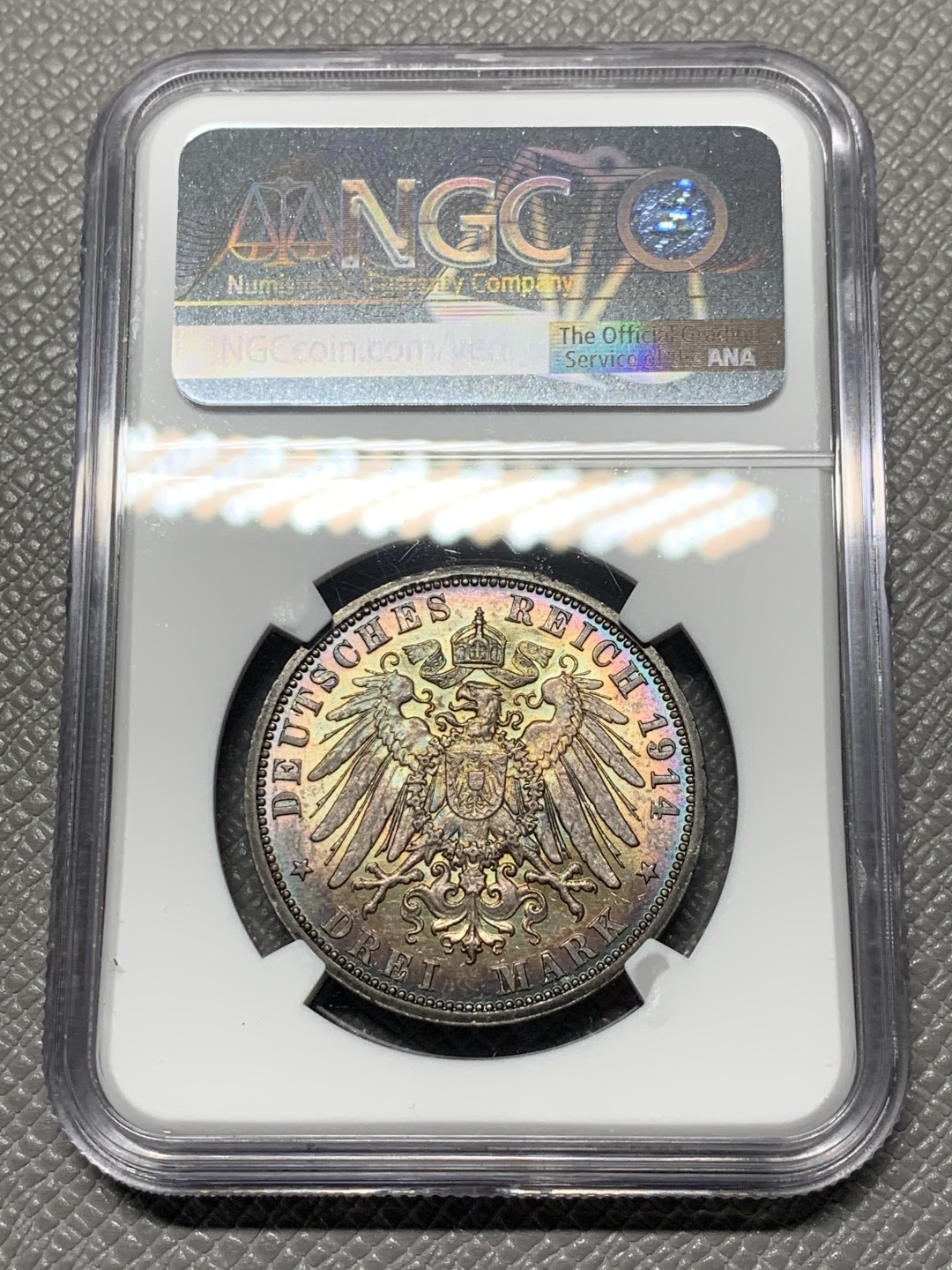 《竞宝斋》第121场-周日，周一 ，2场连拍（全场包邮） NGC-MS61 德国普鲁士1914年 军装版 3马克银币 深五彩包浆 顶级包浆