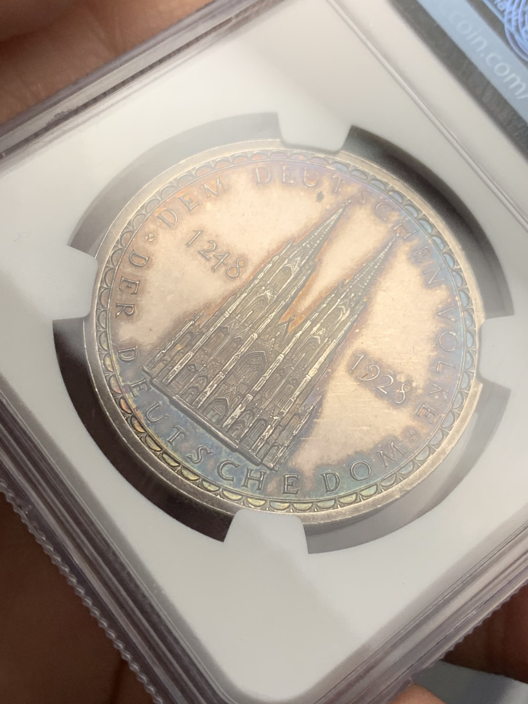 《竞宝斋》第121场-周日，周一 ，2场连拍（全场包邮） NGC MS62DPL 1928年德国科隆大教堂纪念银章 难得深镜面DPL底板