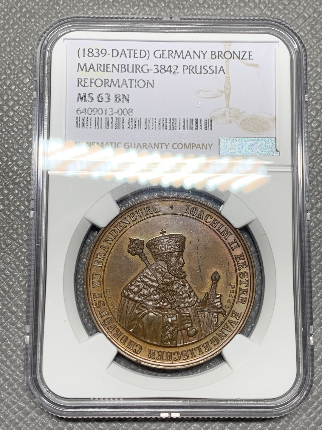 《竞宝斋》第121场-周日，周一 ，2场连拍（全场包邮） NGC MS63BN德国1839年新教改革纪念铜章 高细节 PL底板