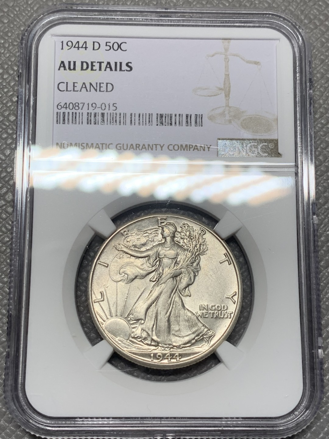 《竞宝斋》第121场-周日，周一 ，2场连拍（全场包邮） NGC-AU 美国1944-D年 自由女神半圆 原光好品