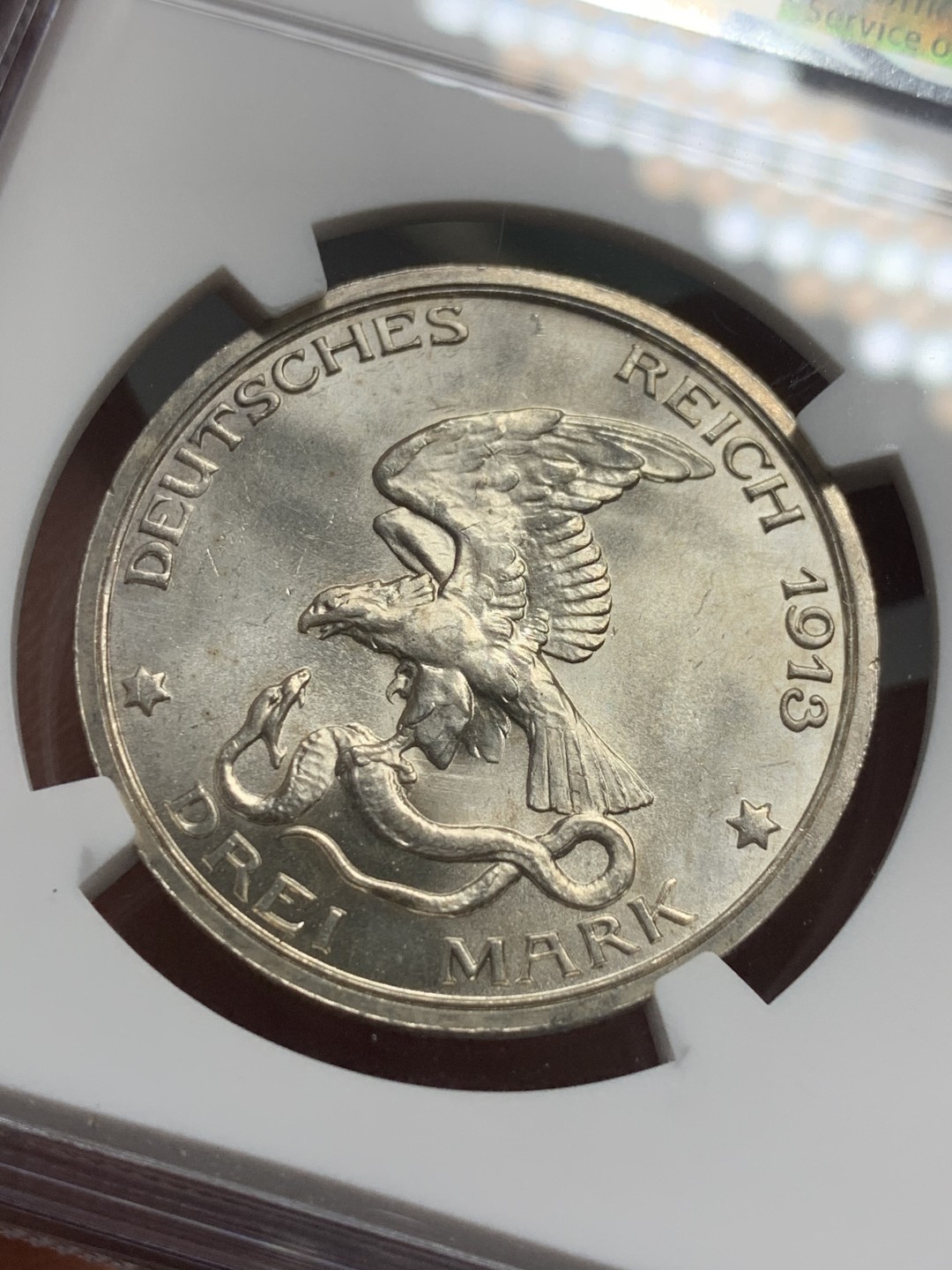 《竞宝斋》第121场-周日，周一 ，2场连拍（全场包邮） NGC-MS63 德国普鲁士 1913年 普法战争纪念 3马克银币 原光好品