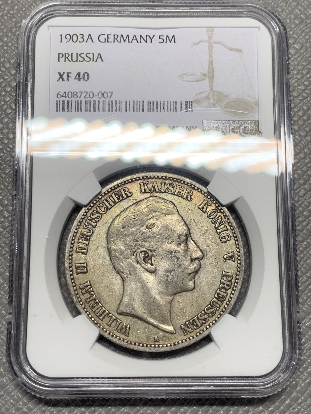 《竞宝斋》第121场-周日，周一 ，2场连拍（全场包邮） NGC-XF40 德国普鲁士 1903年 5马克银币 原味好品