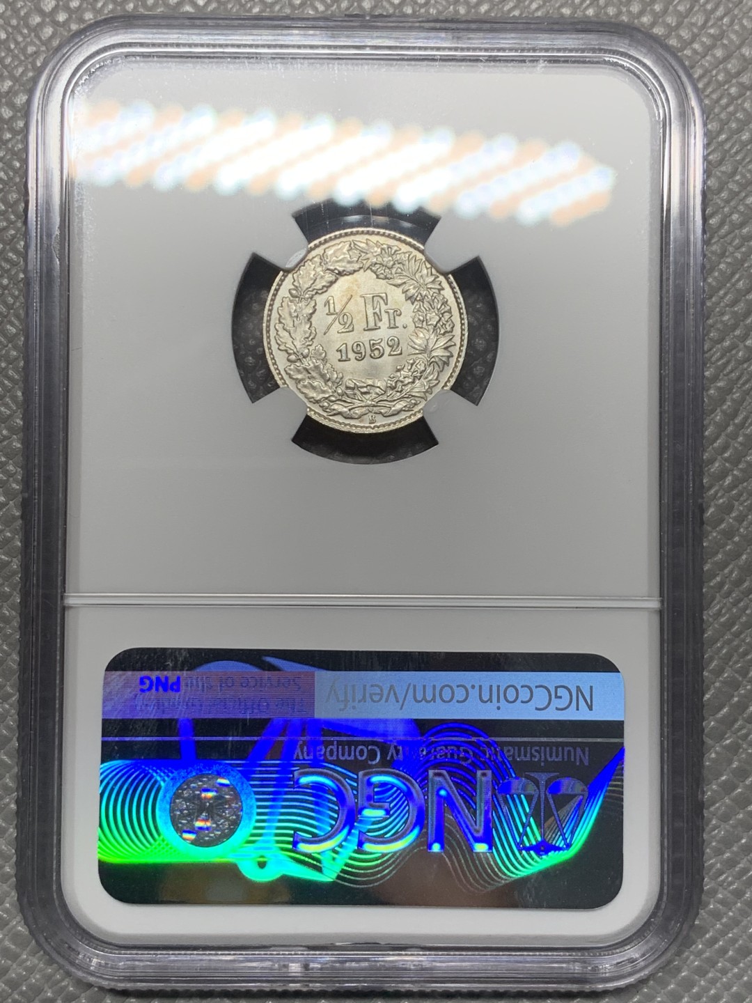 《竞宝斋》第121场-周日，周一 ，2场连拍（全场包邮） NGC-MS63 瑞士1952年 1/2法郎银币 顶级好品