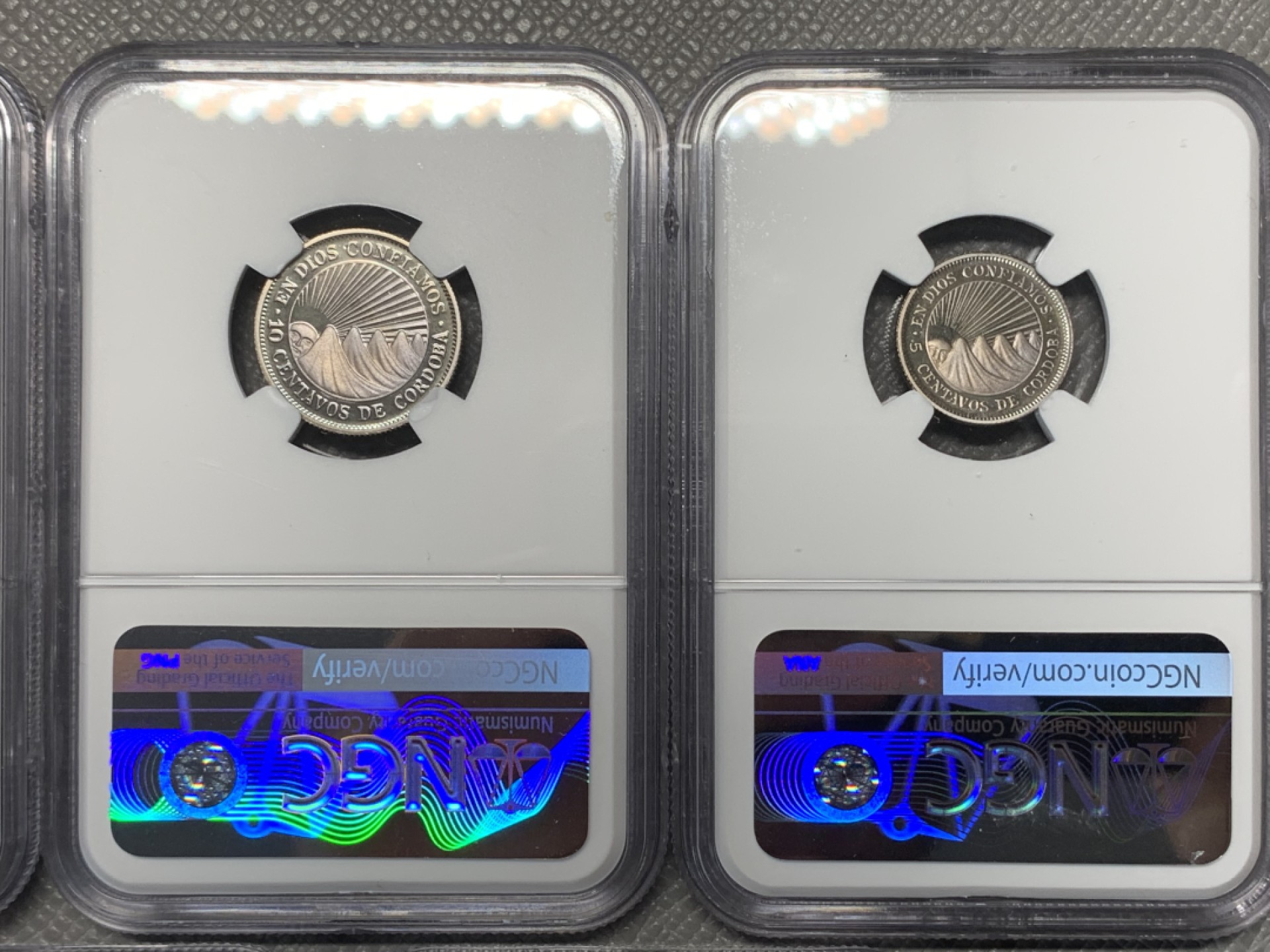 《竞宝斋》第121场-周日，周一 ，2场连拍（全场包邮） 五枚全套NGC-PF66 尼加拉瓜1972年 五岳精制币 其中5分是错版 非常非常稀少