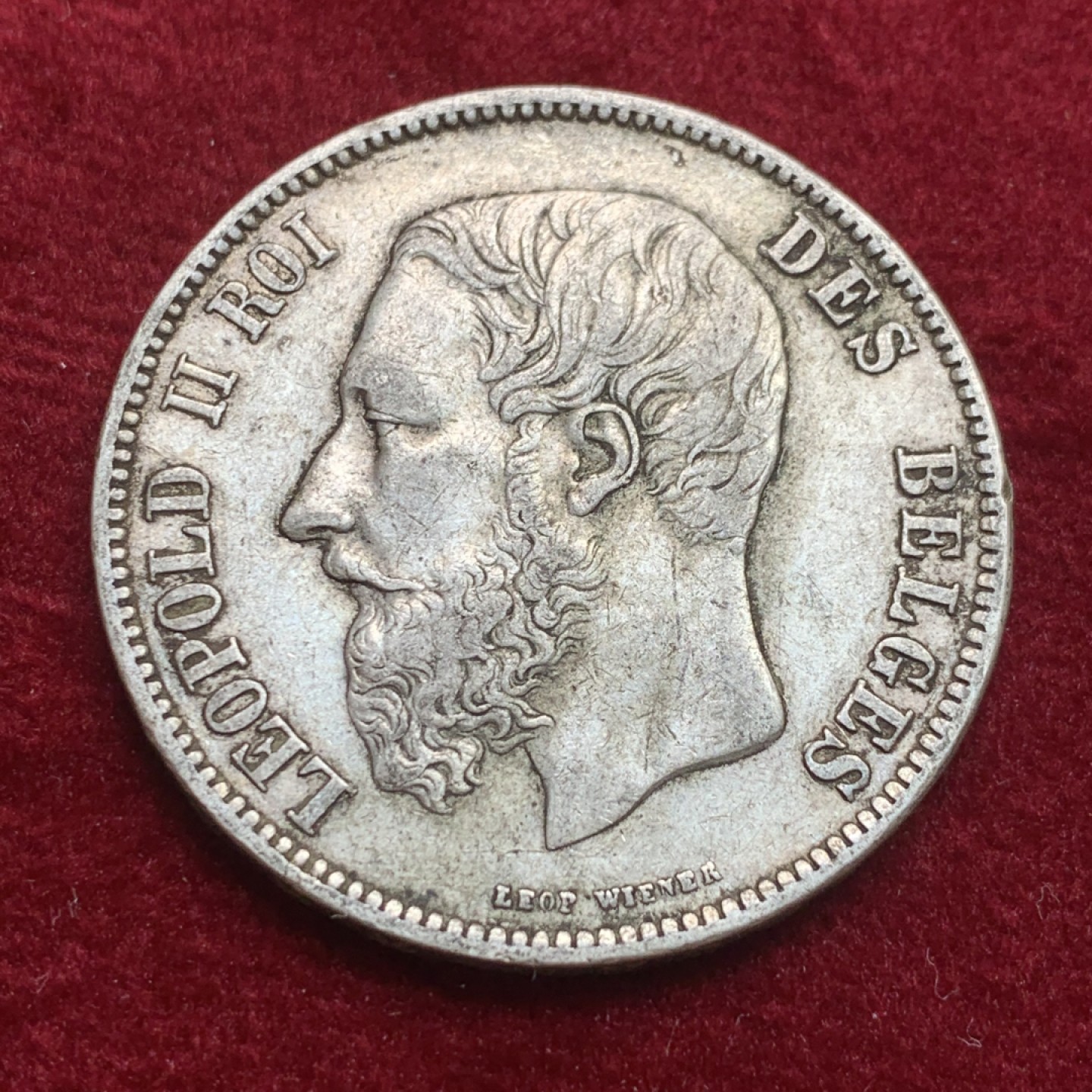 《竞宝斋》第121场-周日，周一 ，2场连拍（全场包邮） 比利时 利奥波德二世 1870年 5法郎银币 原味包浆 不多的年份