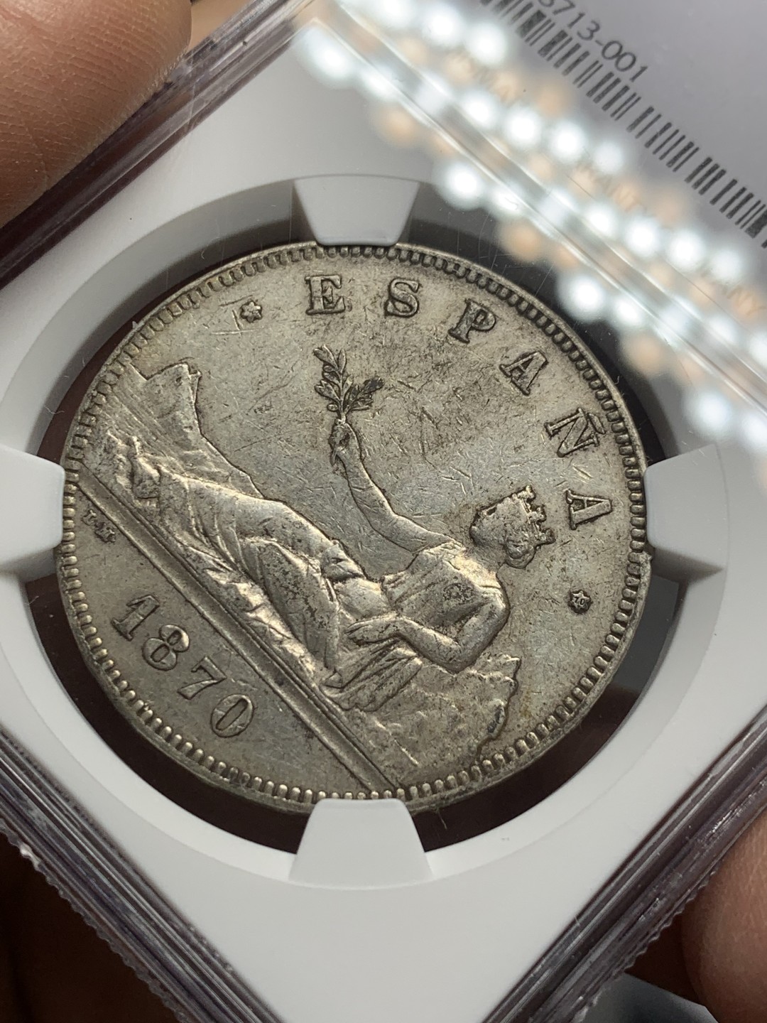 《竞宝斋》第121场-周日，周一 ，2场连拍（全场包邮） NGC-XF40 西班牙1870年 坐花5比塞塔 双柱大银币 原味好品 出分难得