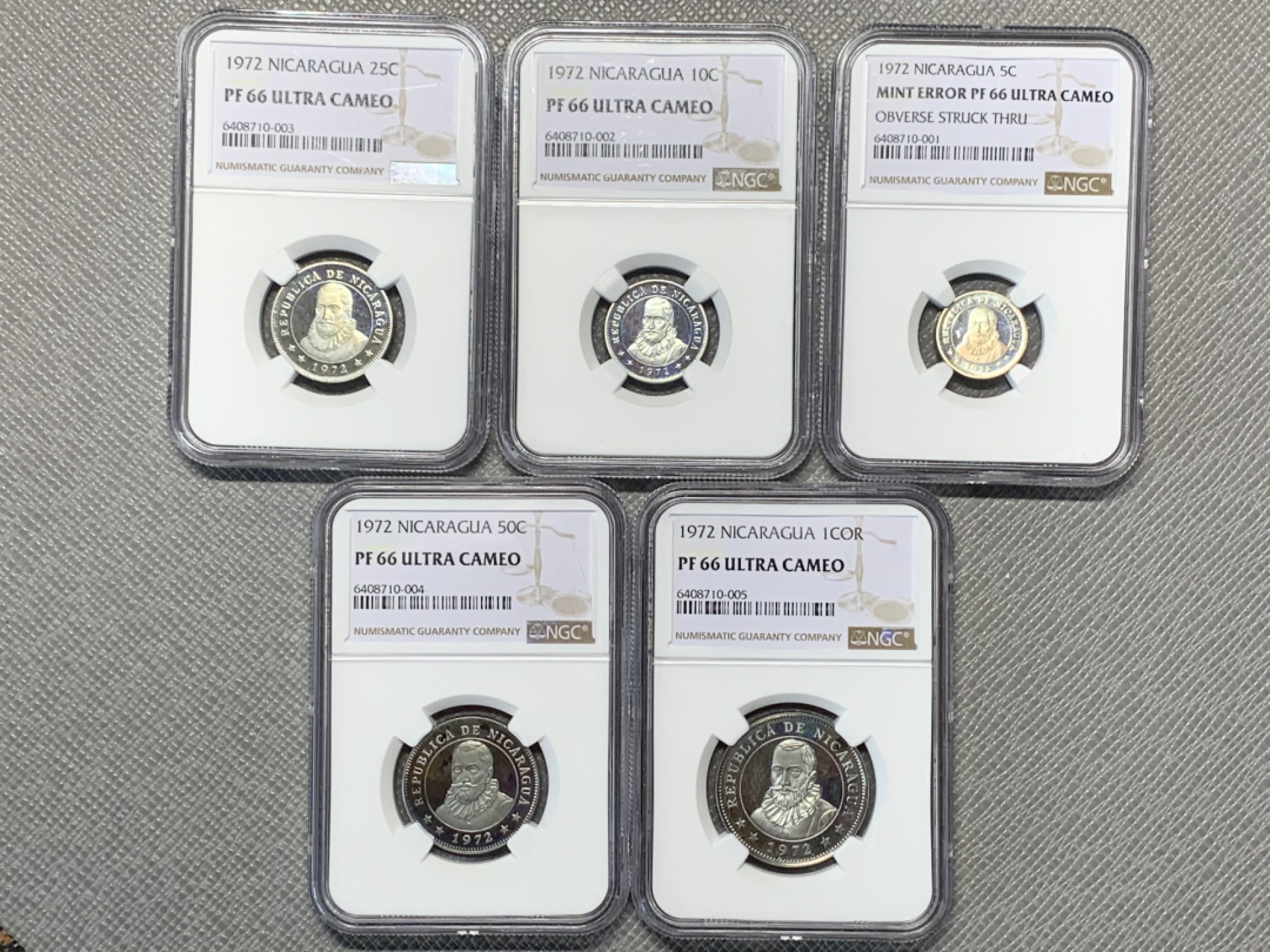 《竞宝斋》第121场-周日，周一 ，2场连拍（全场包邮） 五枚全套NGC-PF66 尼加拉瓜1972年 五岳精制币 其中5分是错版 非常非常稀少