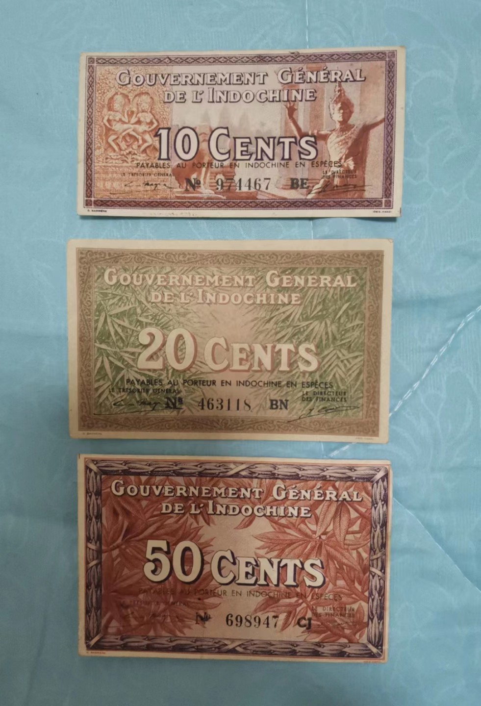 世家收藏第十八期“世界杯”号邮票钱币专场（自动截拍） 【汉字币】法属印度支那1939-1942年版一毛/二毛/五毛纸钞各一张（流通好品，个别角不是很好）