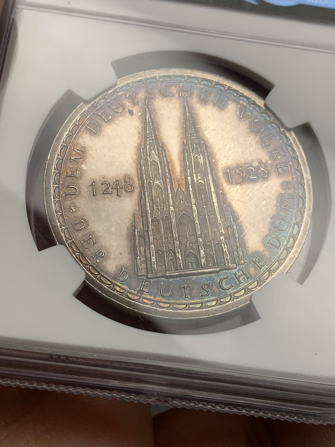 《竞宝斋》第121场-周日，周一 ，2场连拍（全场包邮） NGC MS62DPL 1928年德国科隆大教堂纪念银章 难得深镜面DPL底板