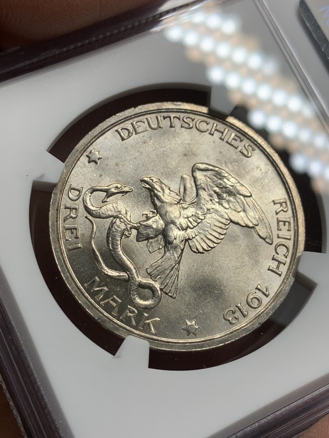 《竞宝斋》第121场-周日，周一 ，2场连拍（全场包邮） NGC-MS63 德国普鲁士 1913年 普法战争纪念 3马克银币 原光好品