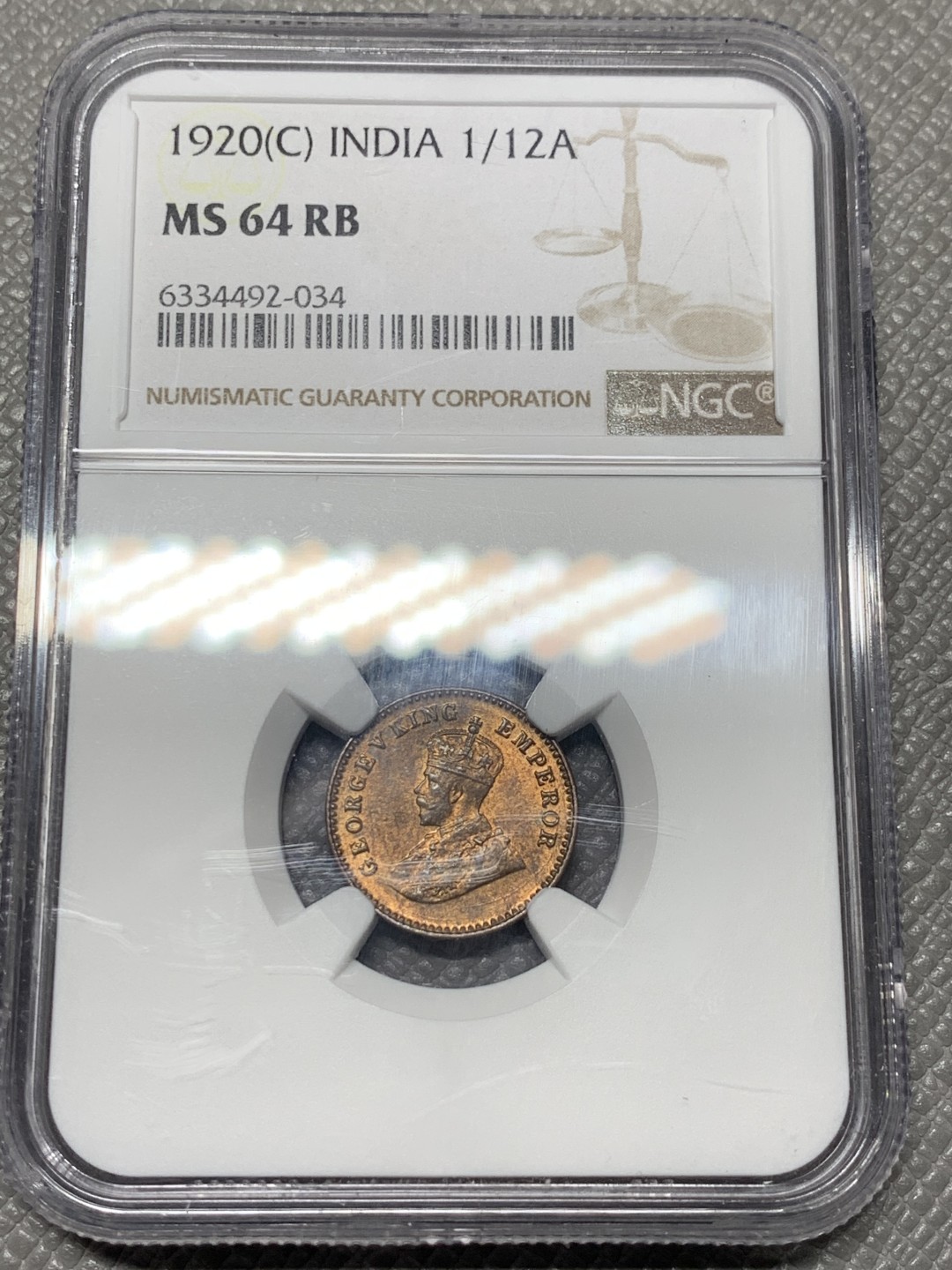 《竞宝斋》第121场-周日，周一 ，2场连拍（全场包邮） NGC MS64 RB 英属 印度1920年 乔治五世 1/12安娜 铜币