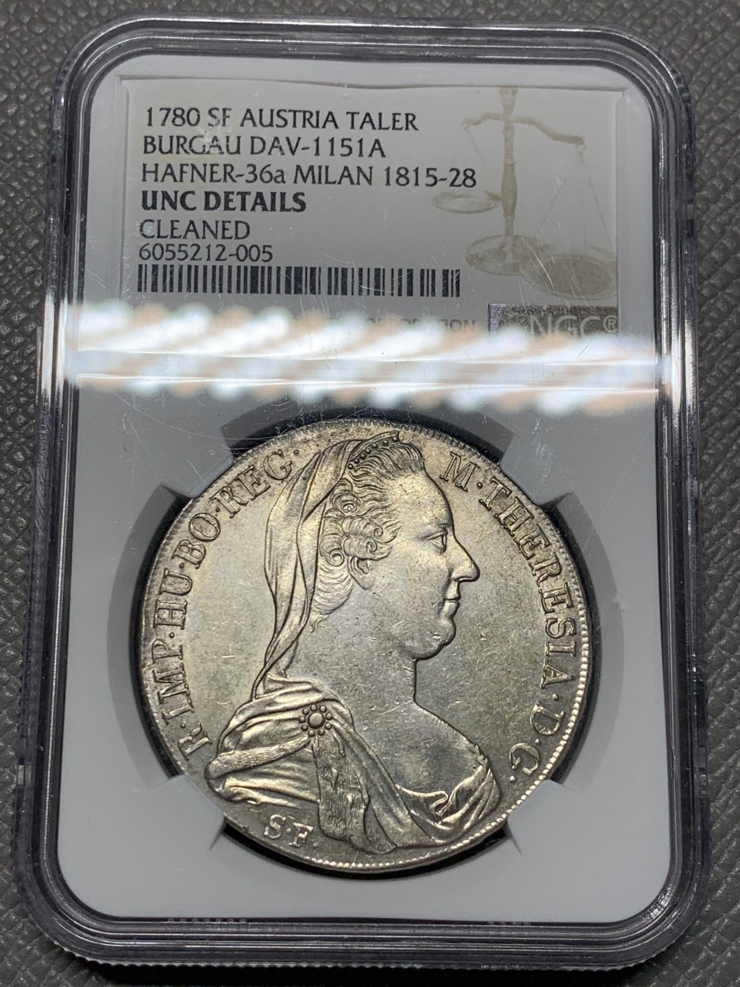 《竞宝斋》第121场-周日，周一 ，2场连拍（全场包邮） NGC UNC评级 奥地利 1780年原铸大奶妈 米兰版 发行时间在1815-1828年 目录编号36a