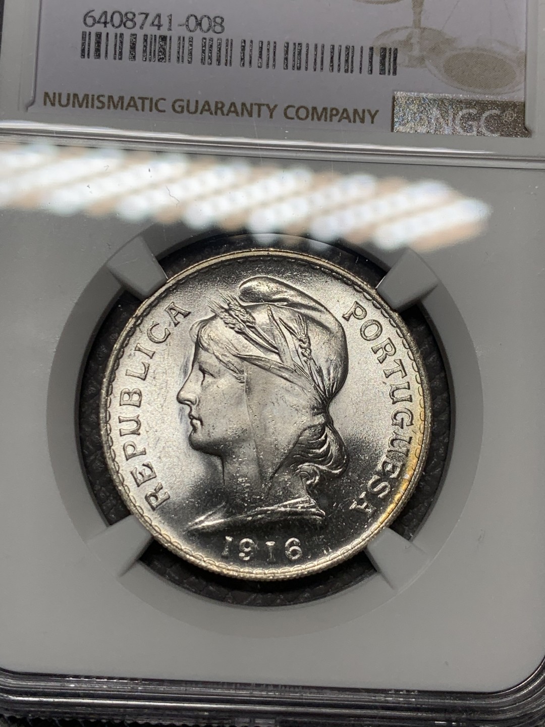 《竞宝斋》第121场-周日，周一 ，2场连拍（全场包邮） NGC-MS63 葡萄牙1916年 自由女神 50分银币 顶级品相