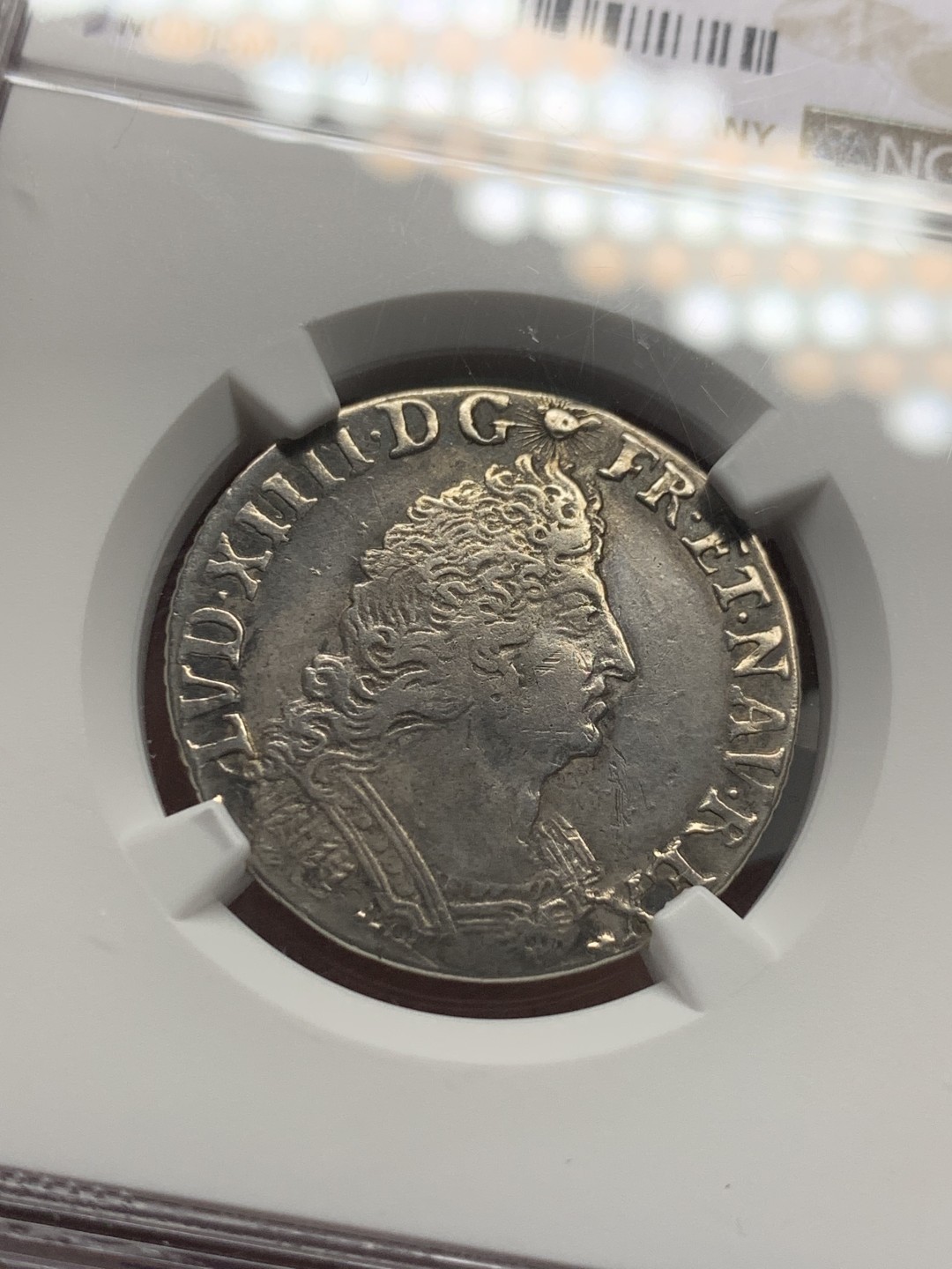 《竞宝斋》第121场-周日，周一 ，2场连拍（全场包邮） NGC XF 法国 1694年H版 路易十四 太阳王 1/4埃居 银币 这个比较少见 双面深打就更不容易了