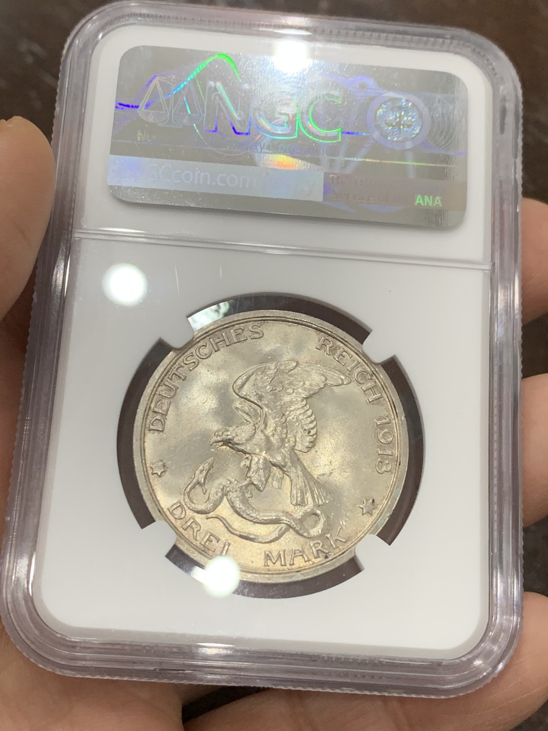 《竞宝斋》第121场-周日，周一 ，2场连拍（全场包邮） NGC-MS65 德国 1913年 德意志帝国普鲁士反法战争胜利100周年纪念 3马克 银币