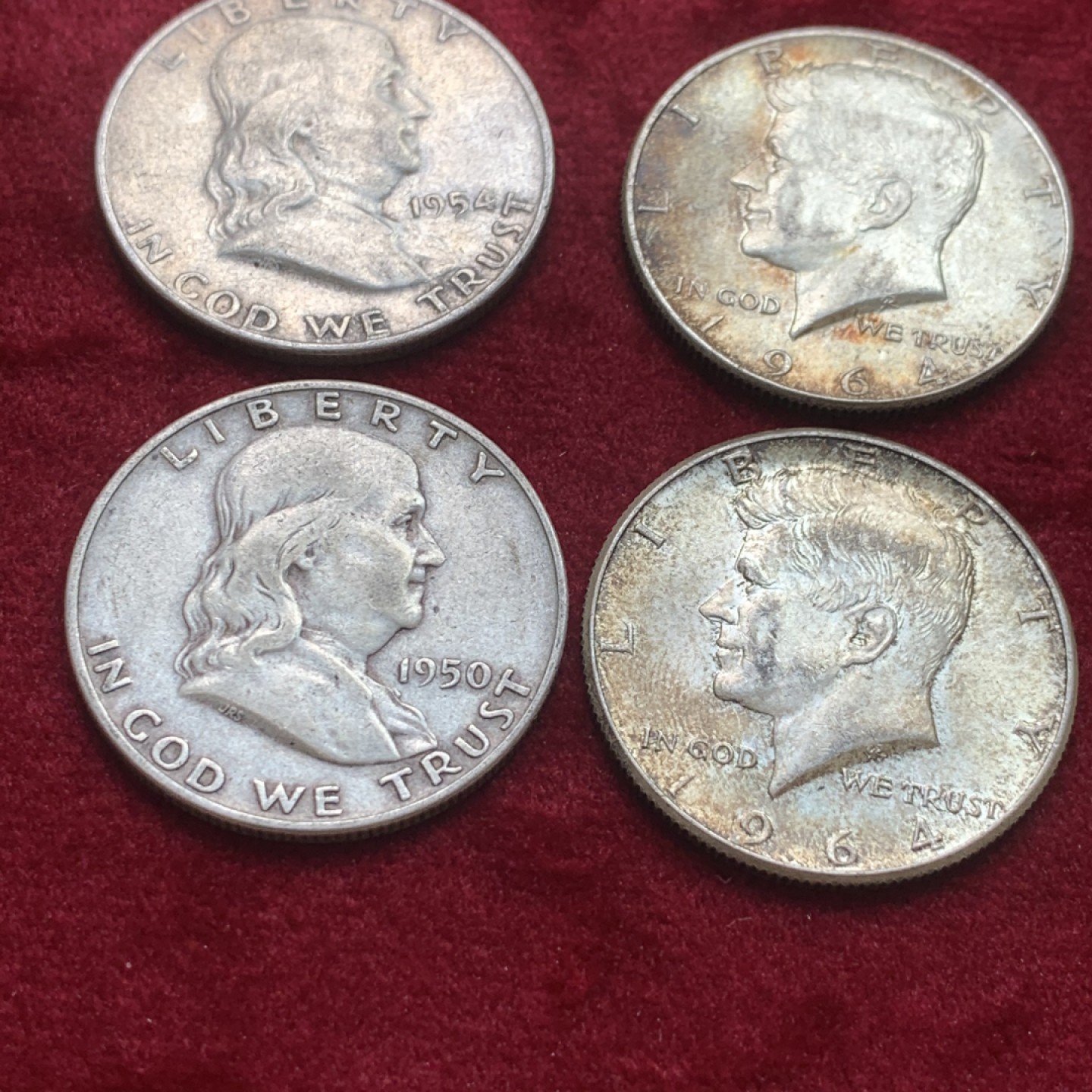 《竞宝斋》第121场-周日，周一 ，2场连拍（全场包邮） 美国900银 银币4枚 2枚富兰克林半美元，2枚肯尼迪半美元 单枚12.5克 都是高银版 合计50克900银