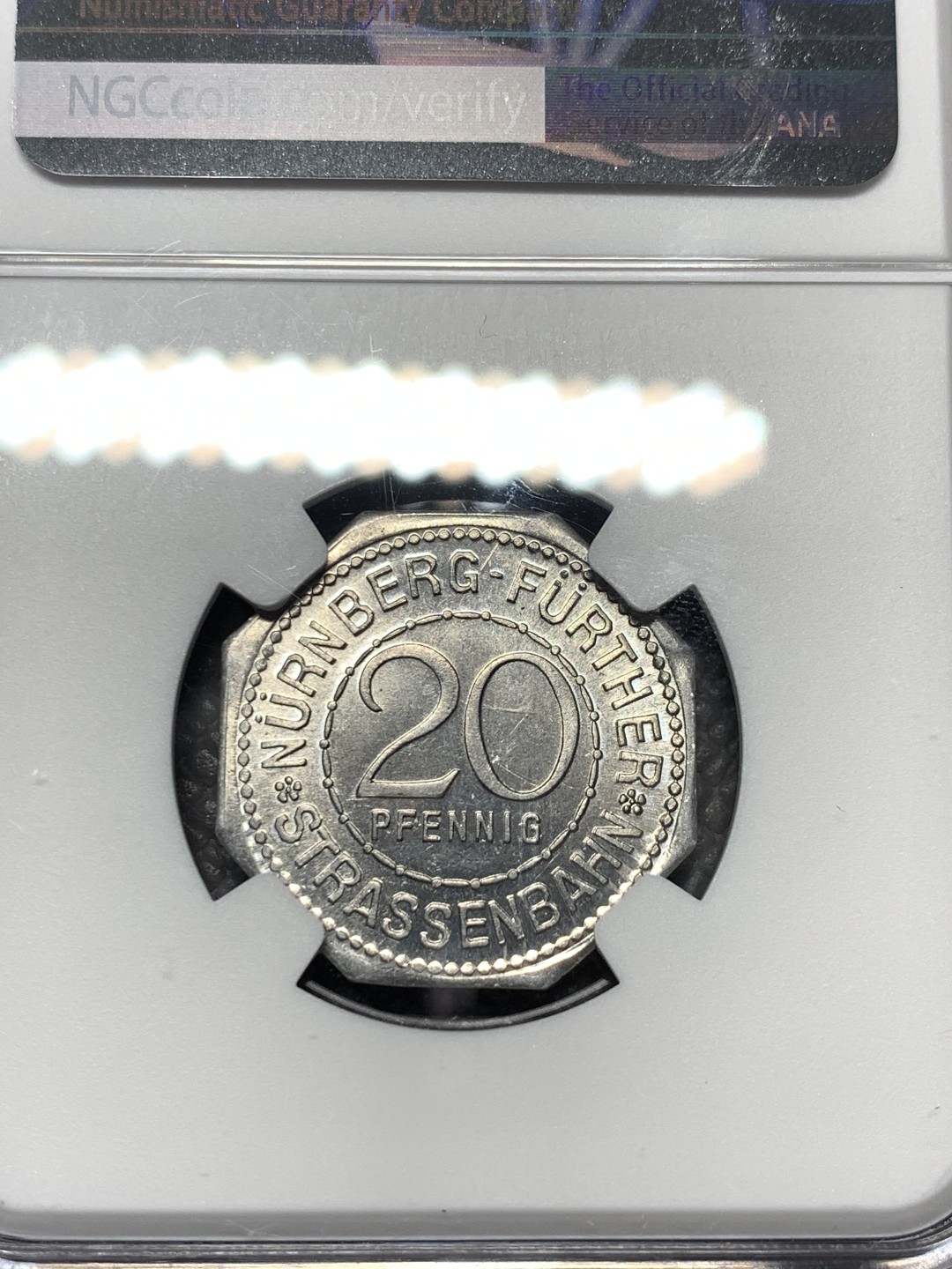 《竞宝斋》第121场-周日，周一 ，2场连拍（全场包邮） NGC-MS65 德国紧急状态货币 1920年纽伦堡八角电车代币 景观不错