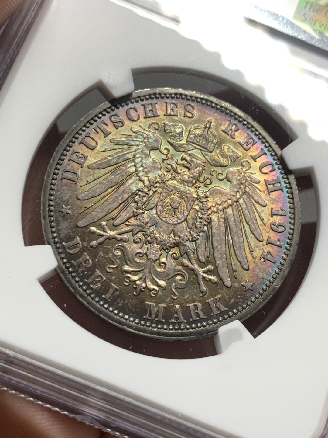 《竞宝斋》第121场-周日，周一 ，2场连拍（全场包邮） NGC-MS61 德国普鲁士1914年 军装版 3马克银币 深五彩包浆 顶级包浆