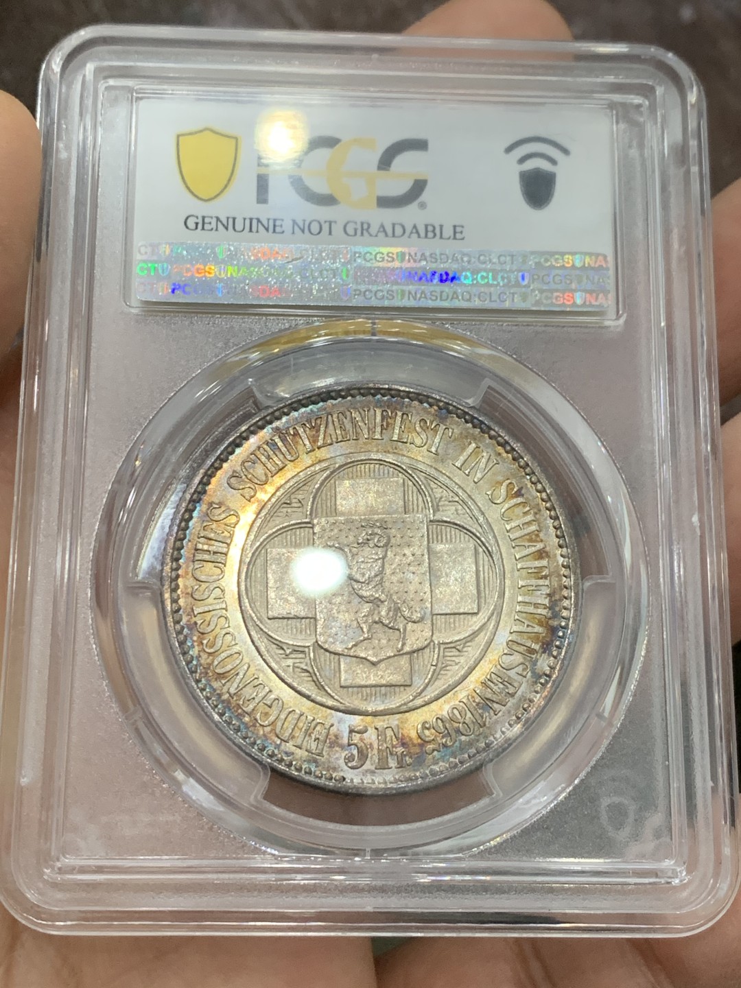 《竞宝斋》第121场-周日，周一 ，2场连拍（全场包邮） PCGS UNC 瑞士1865年 沙夫豪森狩猎节大银币 彩的无以复加 太好看了，色迷心窍的感觉 见图见视频