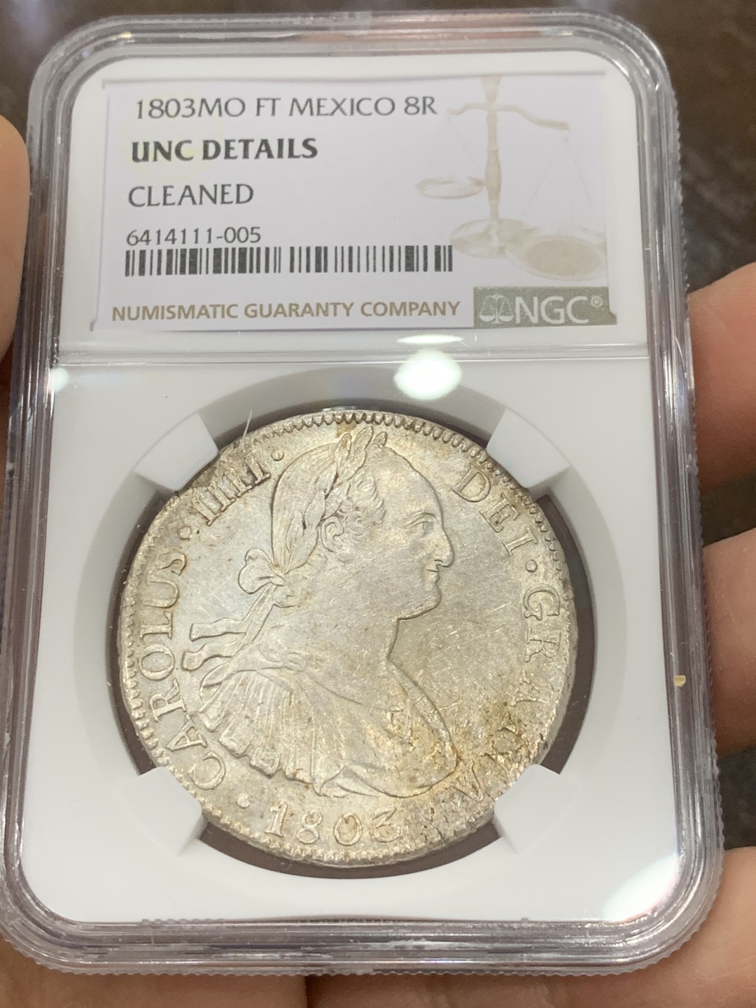 《竞宝斋》第121场-周日，周一 ，2场连拍（全场包邮） NGC UNC 墨西哥 1803年 卡四 8R 双柱大银币 正反深打 状态很好