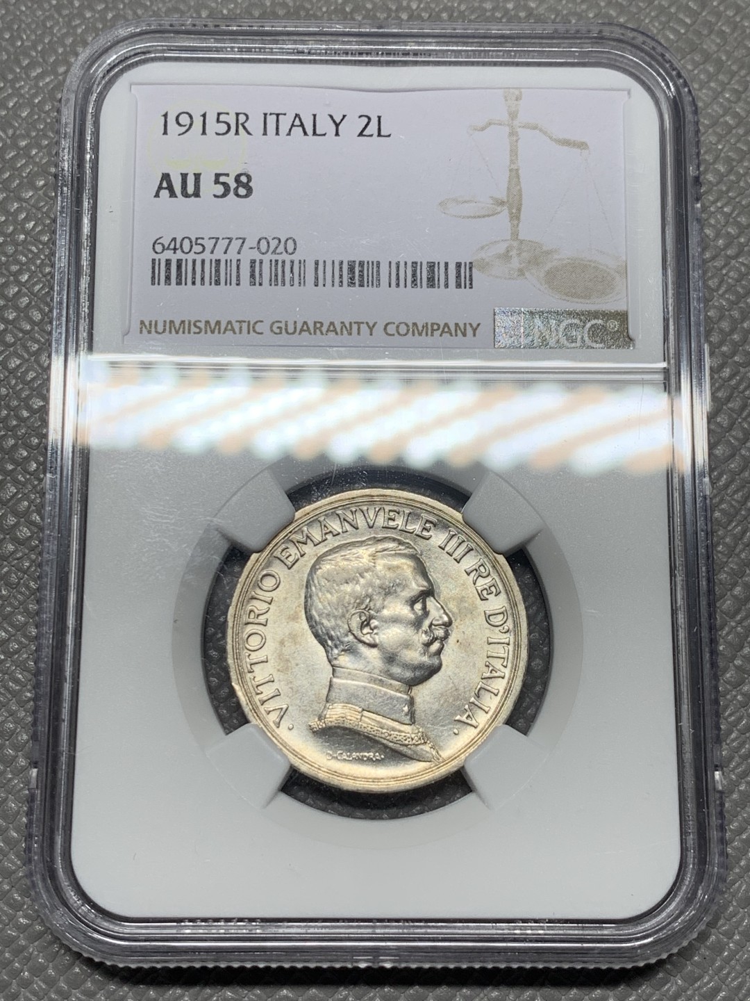 《竞宝斋》第121场-周日，周一 ，2场连拍（全场包邮） NGC-AU58 意大利 1915年 马车2里拉 银币 光度细节都非常好