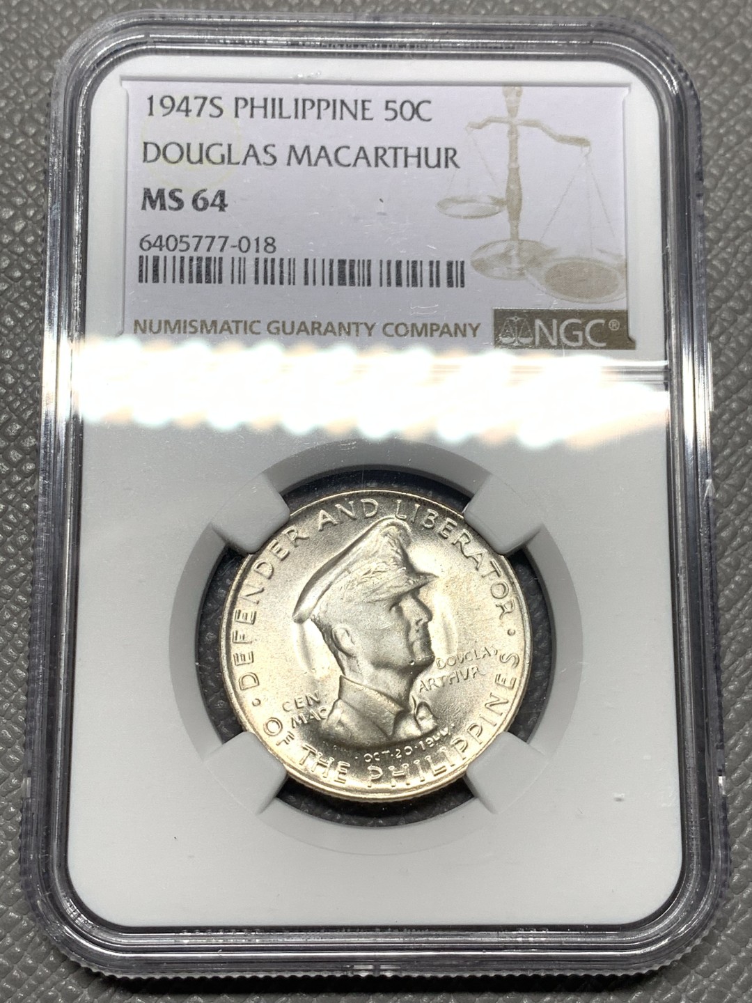 《竞宝斋》第121场-周日，周一 ，2场连拍（全场包邮） NGC-MS64 美占菲律宾 1947年 麦克阿瑟 50分 银币