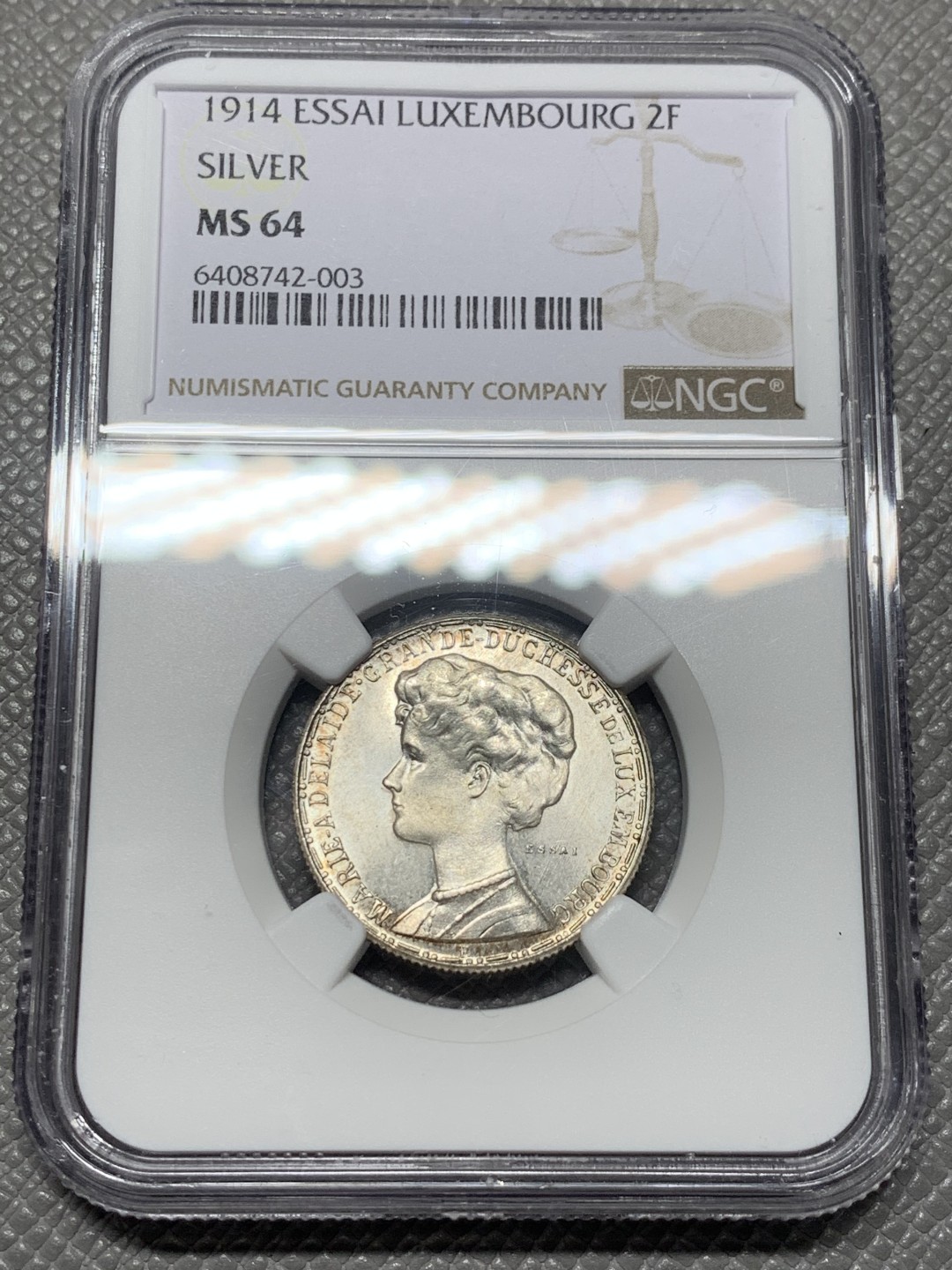 《竞宝斋》第121场-周日，周一 ，2场连拍（全场包邮） NGC-MS64 卢森堡1914年 第一大公玛丽·阿黛拉伊德 ESSAI厂 2法郎银制样币 非常稀少