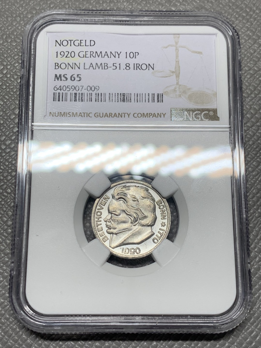 《竞宝斋》第121场-周日，周一 ，2场连拍（全场包邮） NGC-MS65 德国紧急状态货币 1920年波恩贝多芬10芬尼铁币 经典设计 原光无锈铁币难得