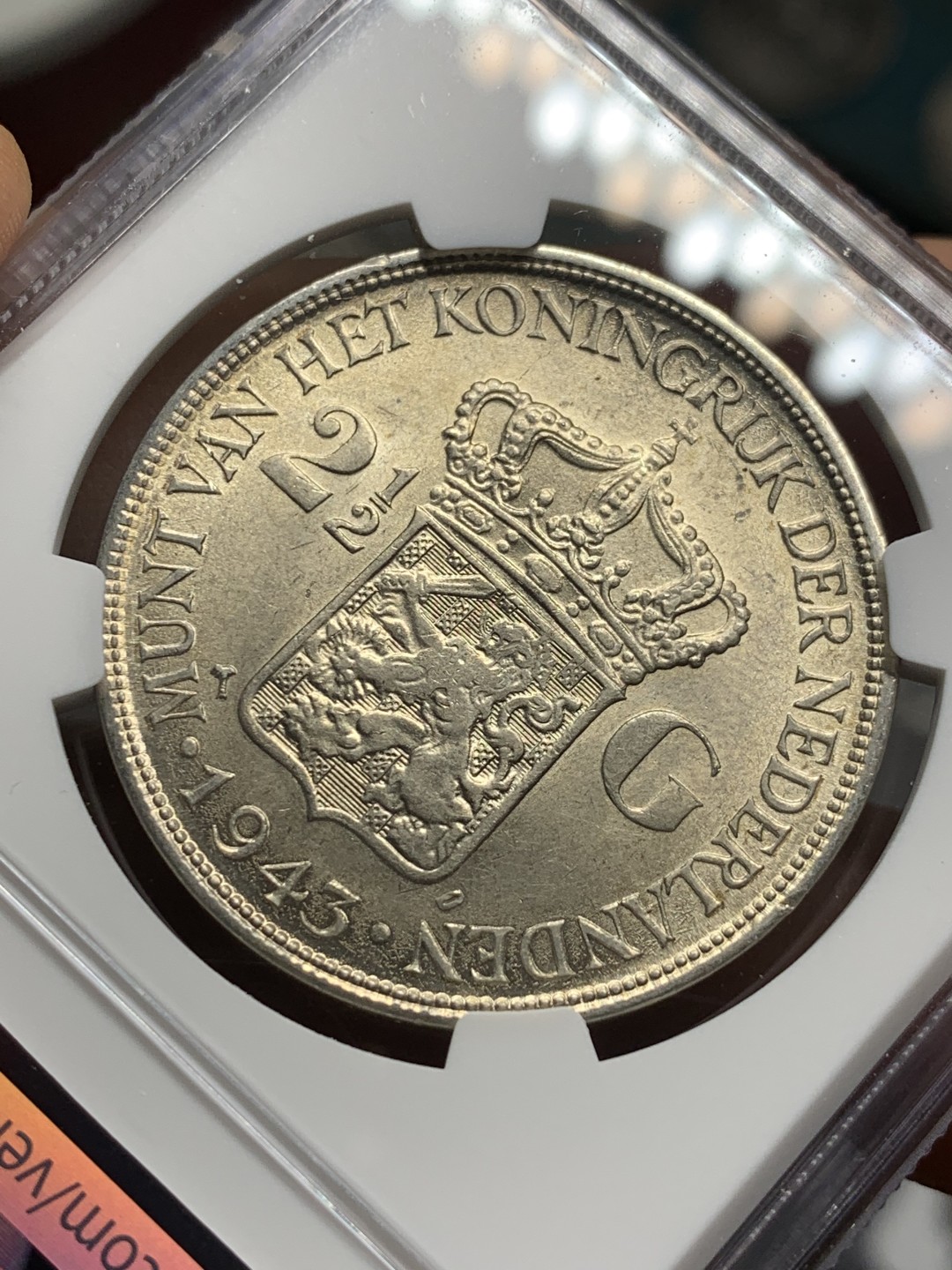 《竞宝斋》第121场-周日，周一 ，2场连拍（全场包邮） NGC-MS62 荷属东印度 1943年 威廉米娜女王2.5盾大银币 殖民地银币暴涨系列