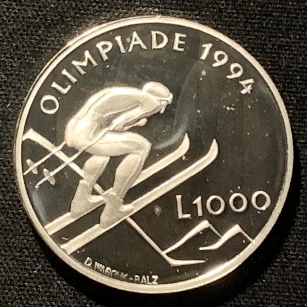 紫瑗钱币——第251期拍卖 圣马力诺 1994年 利勒哈默尔冬奥会 高台滑雪 1000里拉 14.6克 0.835银 精制