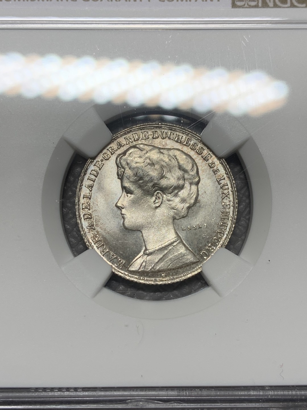 《竞宝斋》第121场-周日，周一 ，2场连拍（全场包邮） NGC-MS64 卢森堡1914年 第一大公玛丽·阿黛拉伊德 ESSAI厂 1法郎银制样币 非常稀少