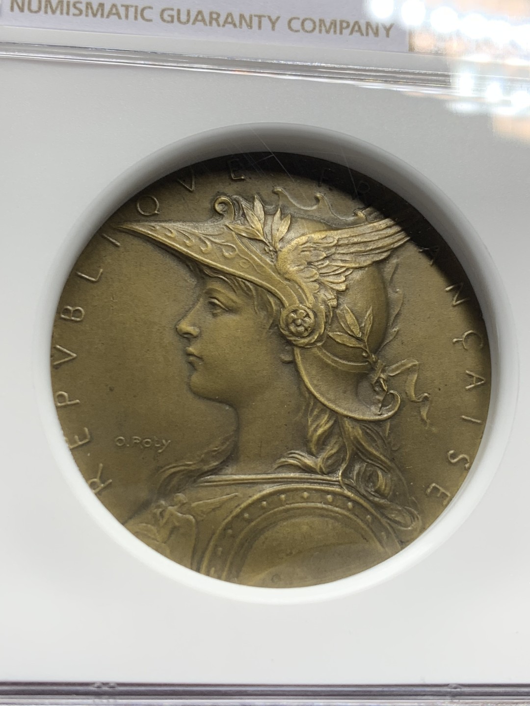 《竞宝斋》第121场-周日，周一 ，2场连拍（全场包邮） NGC MS64 高分美品罗蒂版戎装玛丽安娜 法国内政部铜章 加厚盒装