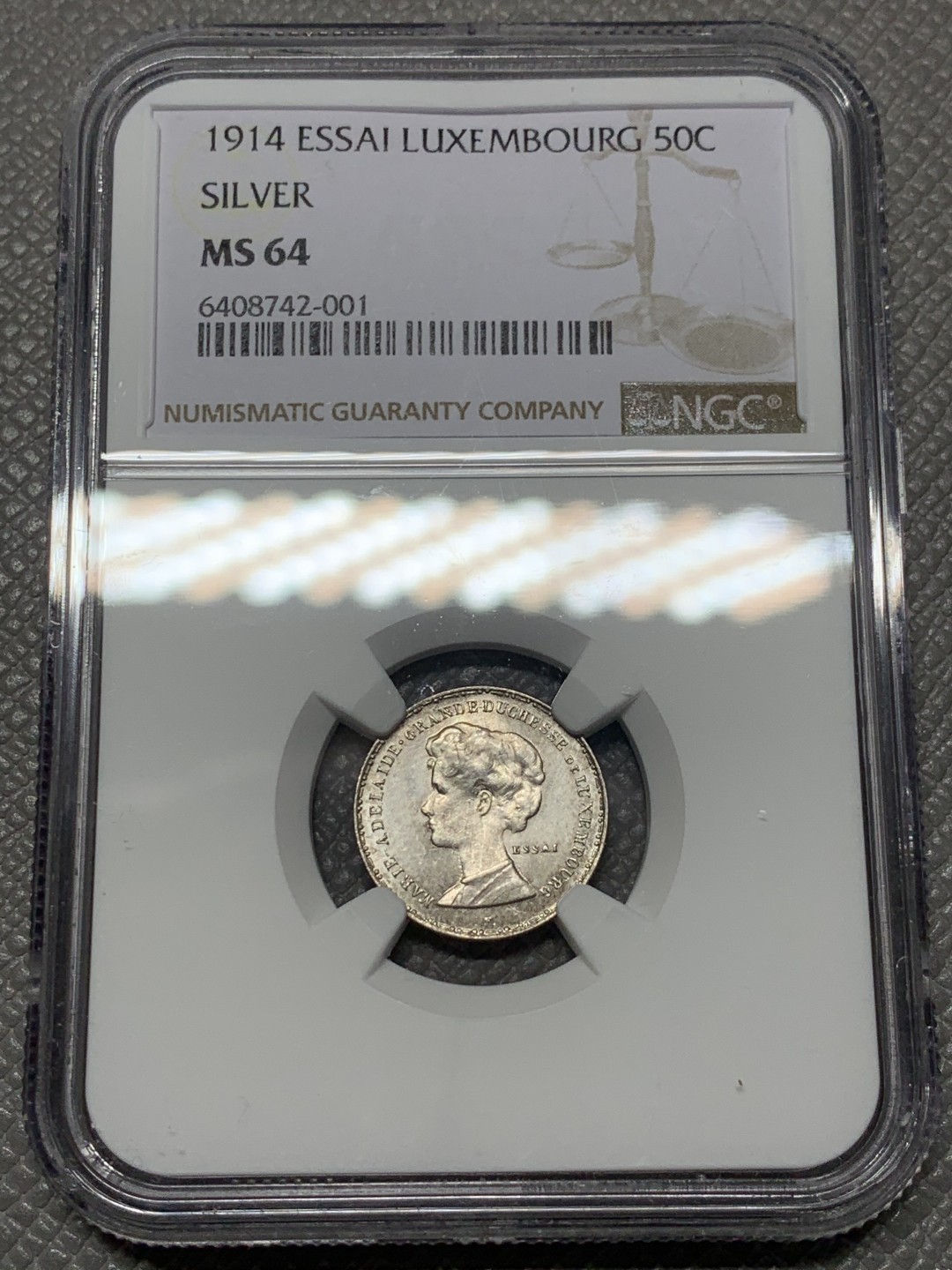 《竞宝斋》第121场-周日，周一 ，2场连拍（全场包邮） NGC-MS64 卢森堡1914年 第一大公玛丽·阿黛拉伊德 ESSAI厂 50分银制样币 非常稀少