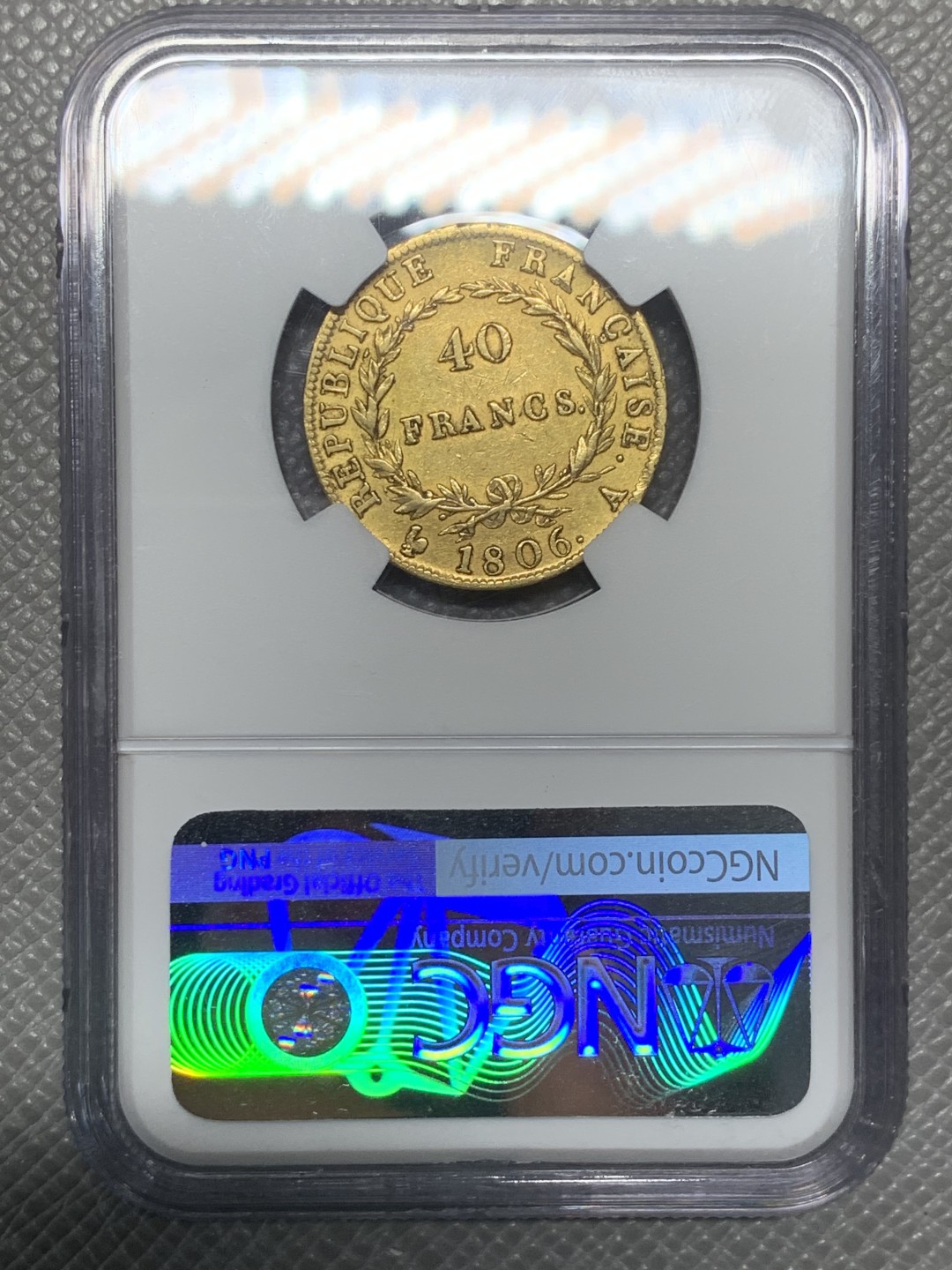 《竞宝斋》第121场-周日，周一 ，2场连拍（全场包邮） NGC-XF45 1806年法国拿破仑40法郎金币 12.9克 无桂冠皇帝头配法兰西共和国版，少见的版本