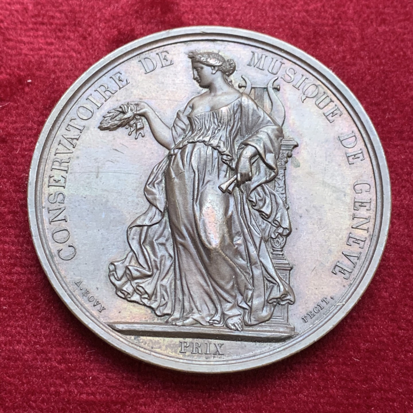 《竞宝斋》第121场-周日，周一 ，2场连拍（全场包邮） 瑞士共和国 1879年左右 日内瓦音乐节 铜质奖章 巧克力包浆 细节好 53.4mm 77.7克大规格 目录编号SM 1603