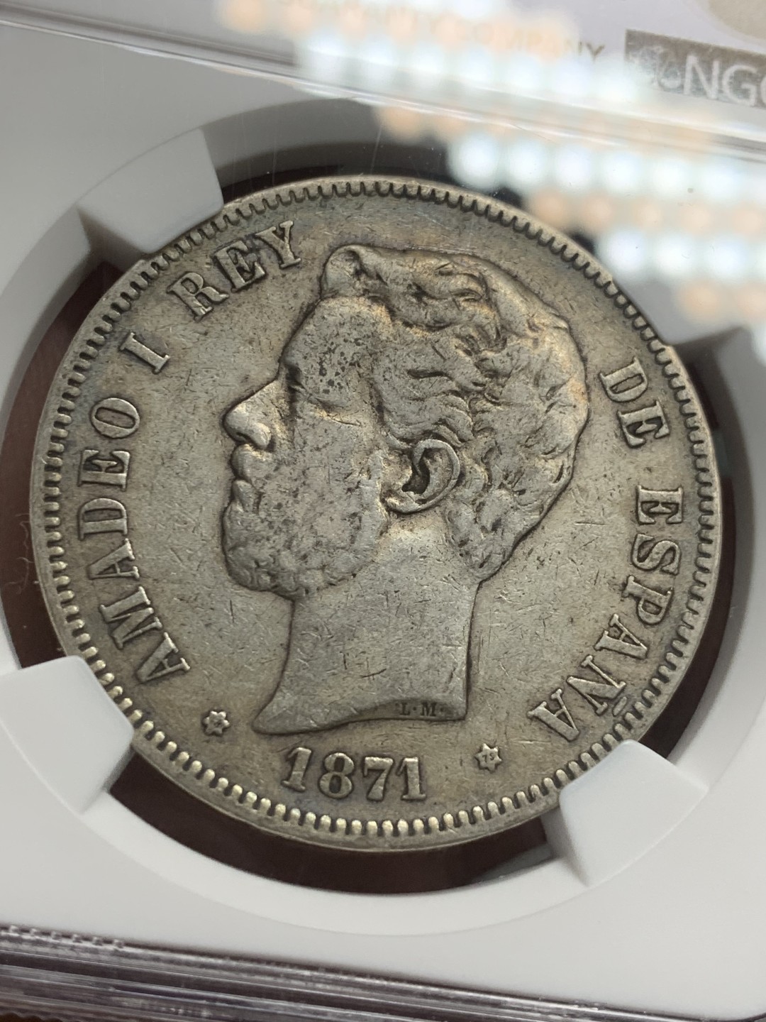 《竞宝斋》第121场-周日，周一 ，2场连拍（全场包邮） NGC-XF45 西班牙1871年 阿玛德欧老头像 5比塞塔双柱银币 原味好品