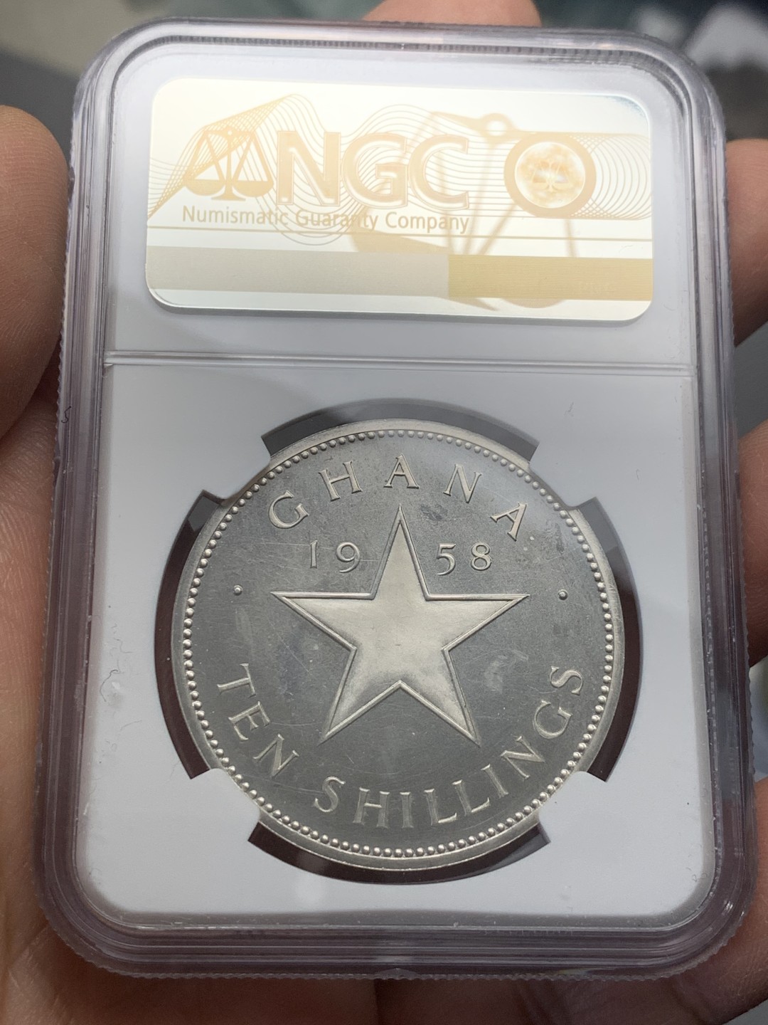 《竞宝斋》第121场-周日，周一 ，2场连拍（全场包邮） NGC-PF65 加纳 1958年 大五星 10先令精制大银币 这算是早期精制大银币非常稀少的品种