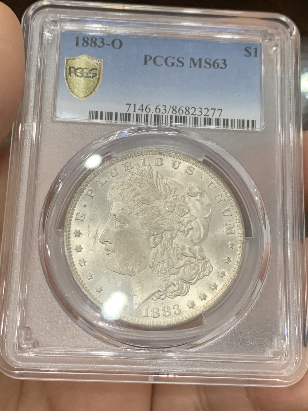 《竞宝斋》第121场-周日，周一 ，2场连拍（全场包邮） PCGS-MS63 美国1883年O版摩根1元大银币 底板有PL的感觉 爆光