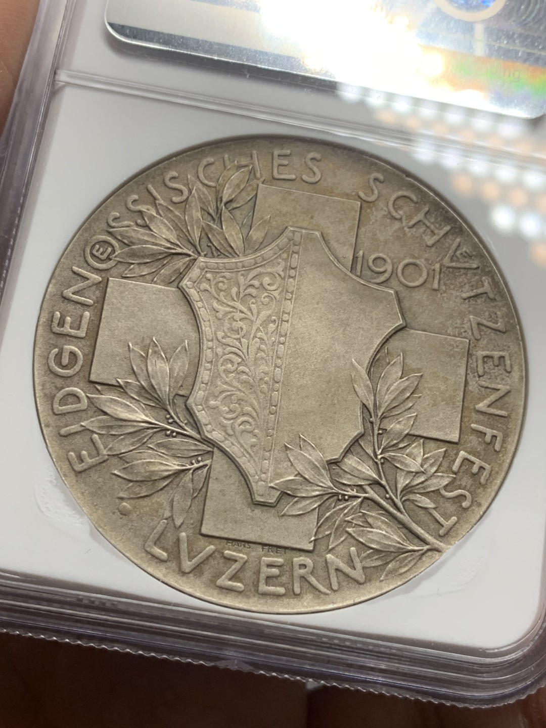 《竞宝斋》第121场-周日，周一 ，2场连拍（全场包邮） NGC MS62 瑞士1901 卢塞尔射击节银章 状态非常好的一枚