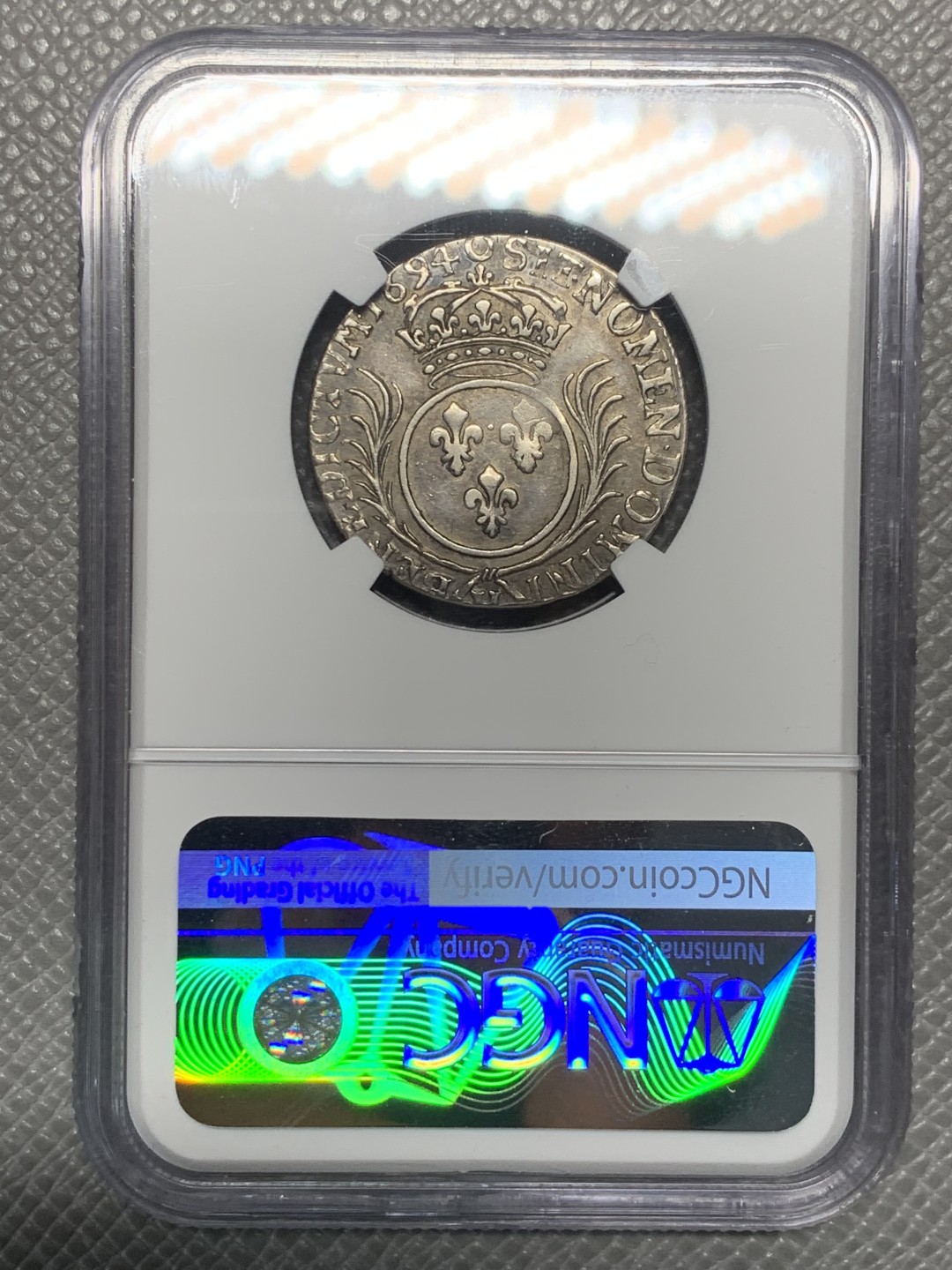 《竞宝斋》第121场-周日，周一 ，2场连拍（全场包邮） NGC XF 法国 1694年H版 路易十四 太阳王 1/4埃居 银币 这个比较少见 双面深打就更不容易了