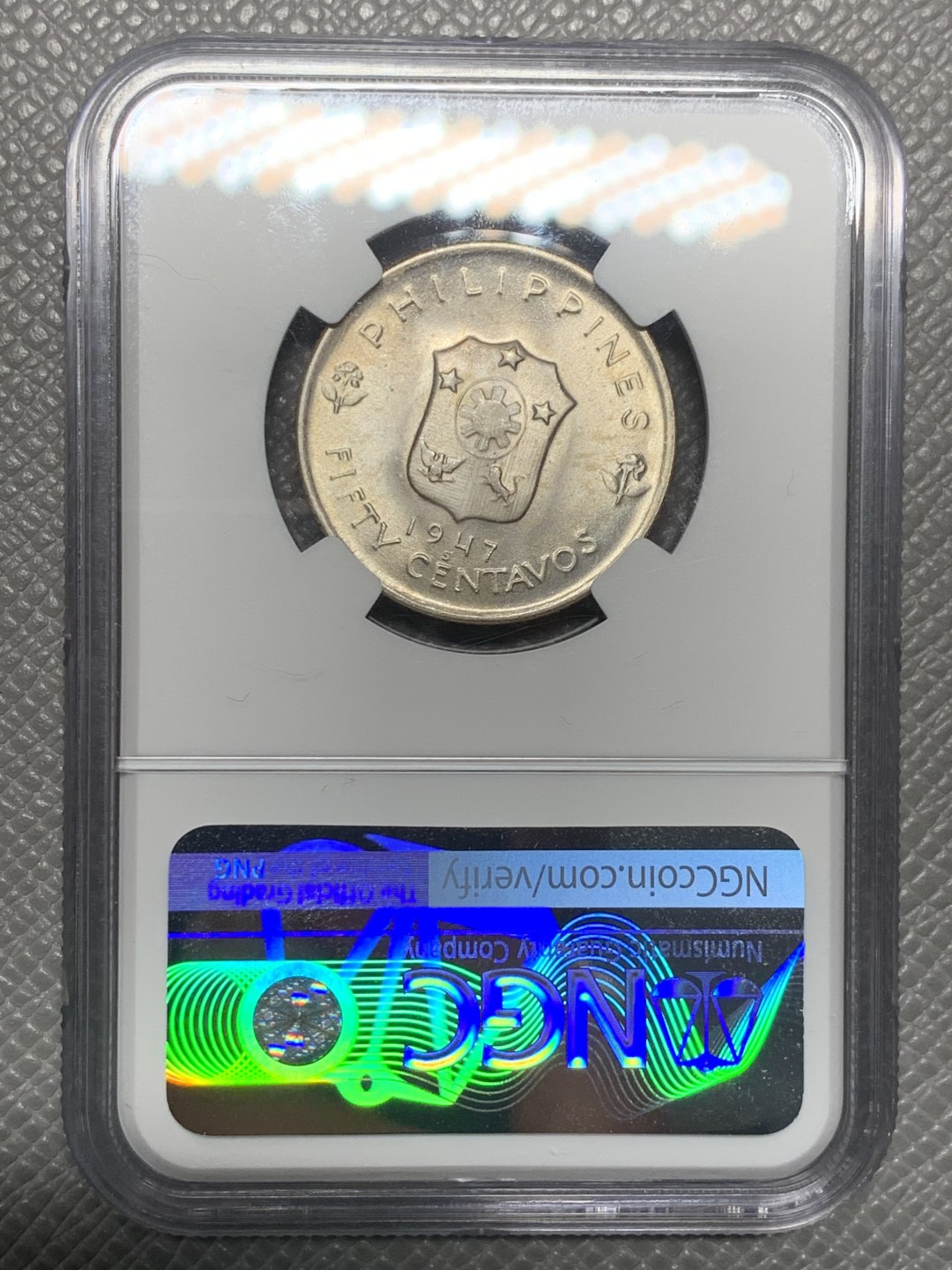 《竞宝斋》第121场-周日，周一 ，2场连拍（全场包邮） NGC-MS64 美占菲律宾 1947年 麦克阿瑟 50分 银币