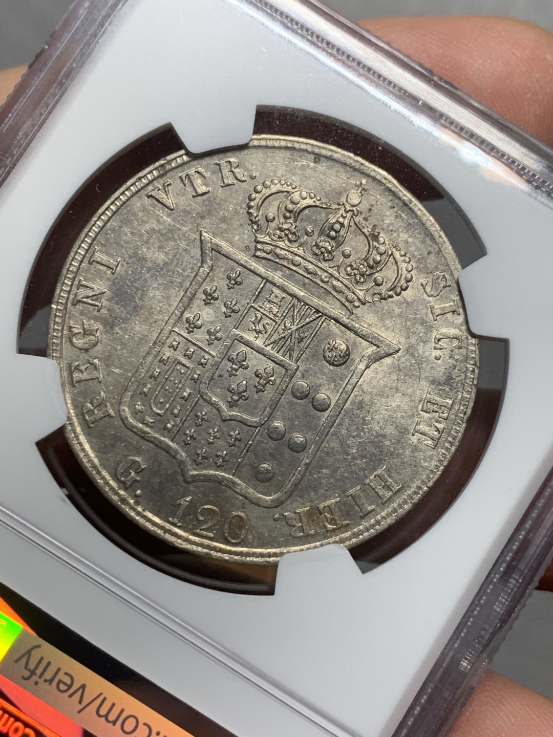 《竞宝斋》第121场-周日，周一 ，2场连拍（全场包邮） NGC-MS61 意大利-那不勒斯 1857年 120G 大银币 XF也不算多，这个MS61 很不错了