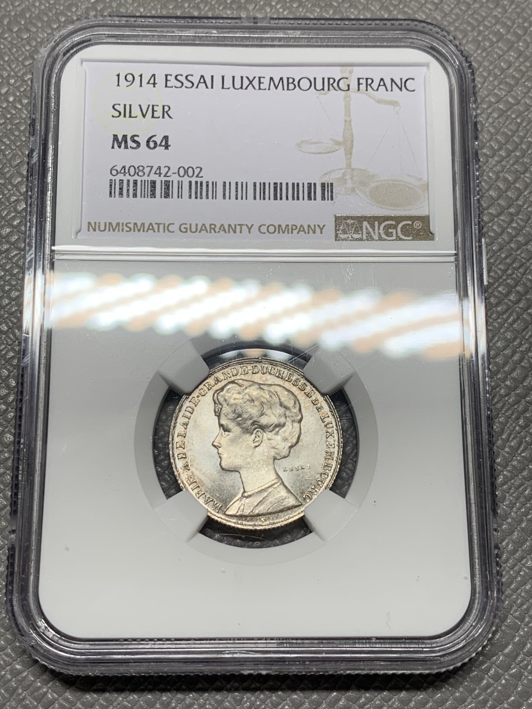 《竞宝斋》第121场-周日，周一 ，2场连拍（全场包邮） NGC-MS64 卢森堡1914年 第一大公玛丽·阿黛拉伊德 ESSAI厂 1法郎银制样币 非常稀少