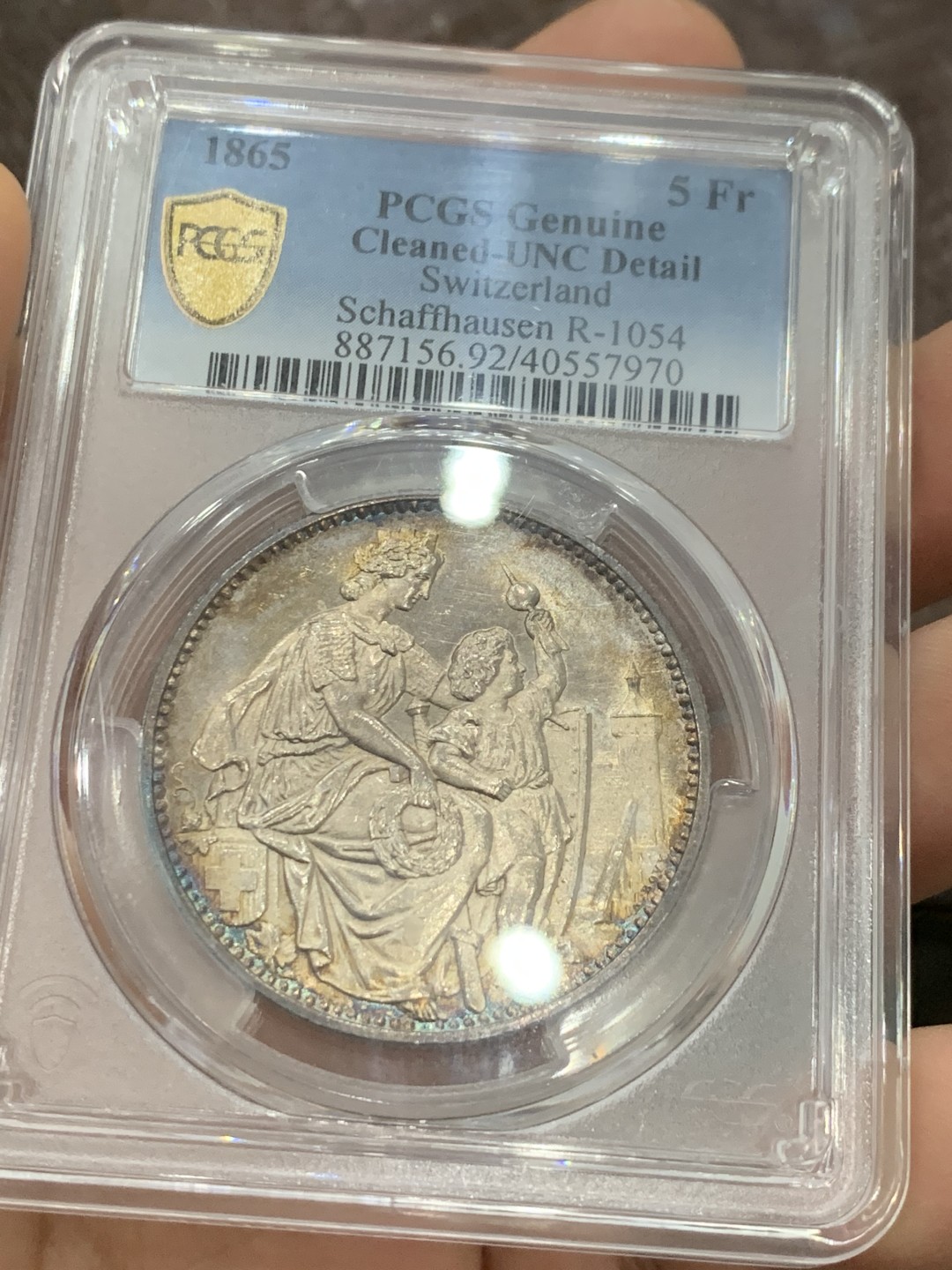 《竞宝斋》第121场-周日，周一 ，2场连拍（全场包邮） PCGS UNC 瑞士1865年 沙夫豪森狩猎节大银币 彩的无以复加 太好看了，色迷心窍的感觉 见图见视频