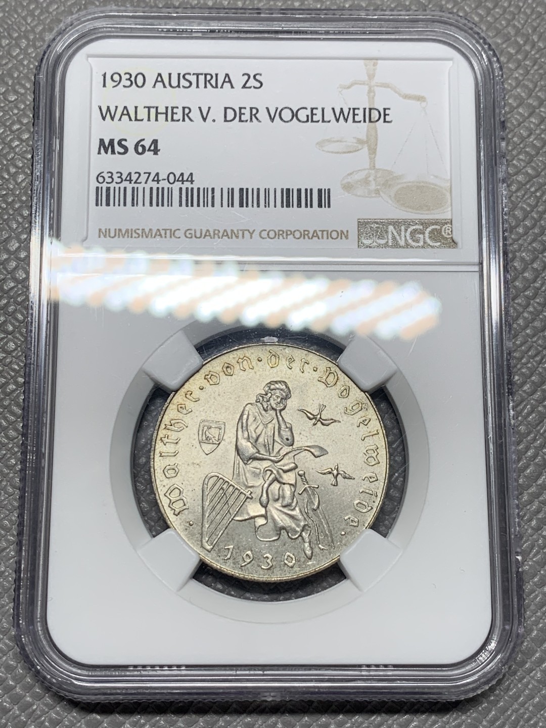 《竞宝斋》第121场-周日，周一 ，2场连拍（全场包邮） NGC-MS64 奥地利1930年游吟诗人瓦尔特2先令银币