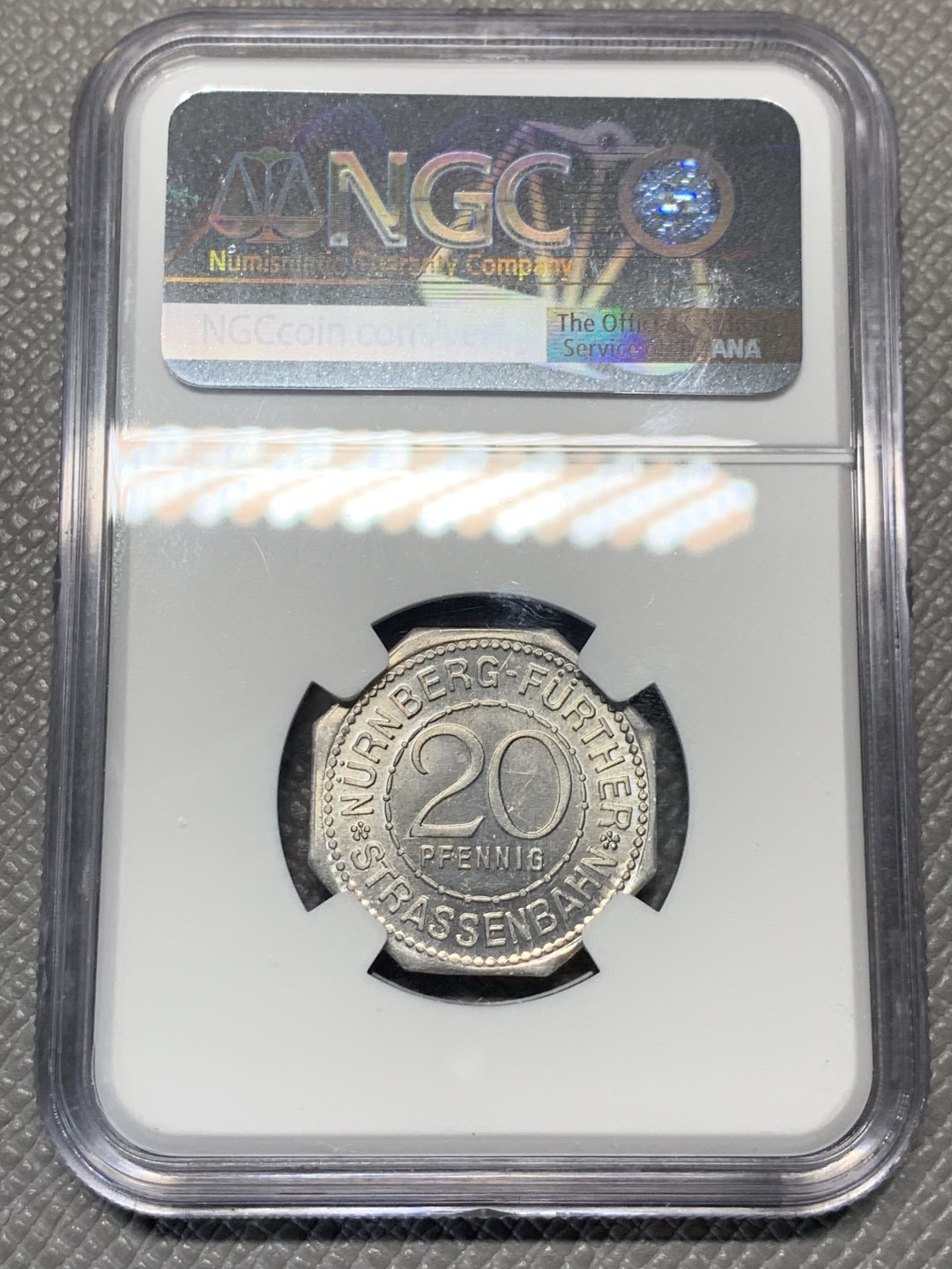 《竞宝斋》第121场-周日，周一 ，2场连拍（全场包邮） NGC-MS65 德国紧急状态货币 1920年纽伦堡八角电车代币 景观不错