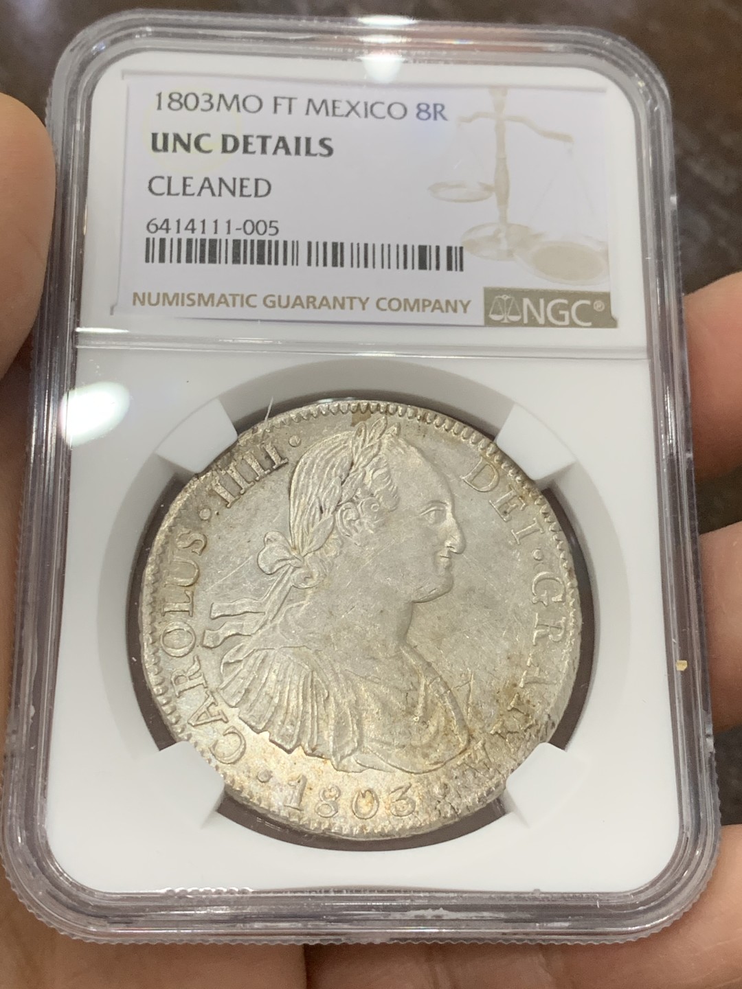 《竞宝斋》第121场-周日，周一 ，2场连拍（全场包邮） NGC UNC 墨西哥 1803年 卡四 8R 双柱大银币 正反深打 状态很好