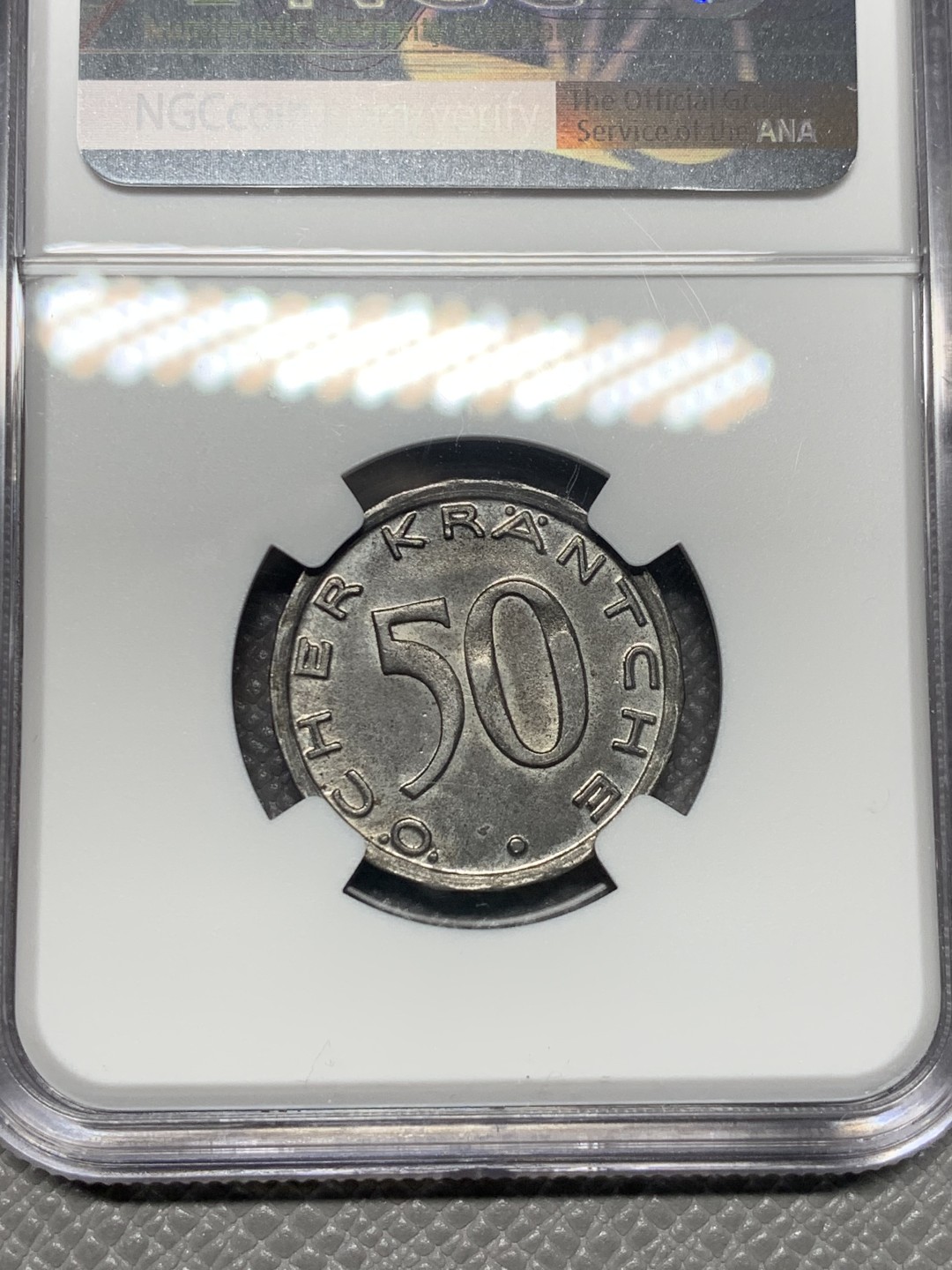 《竞宝斋》第121场-周日，周一 ，2场连拍（全场包邮） 冠军分 NGC-MS64 德紧小名誉品 德国亚琛1920年大嘴鹰50芬尼铁币