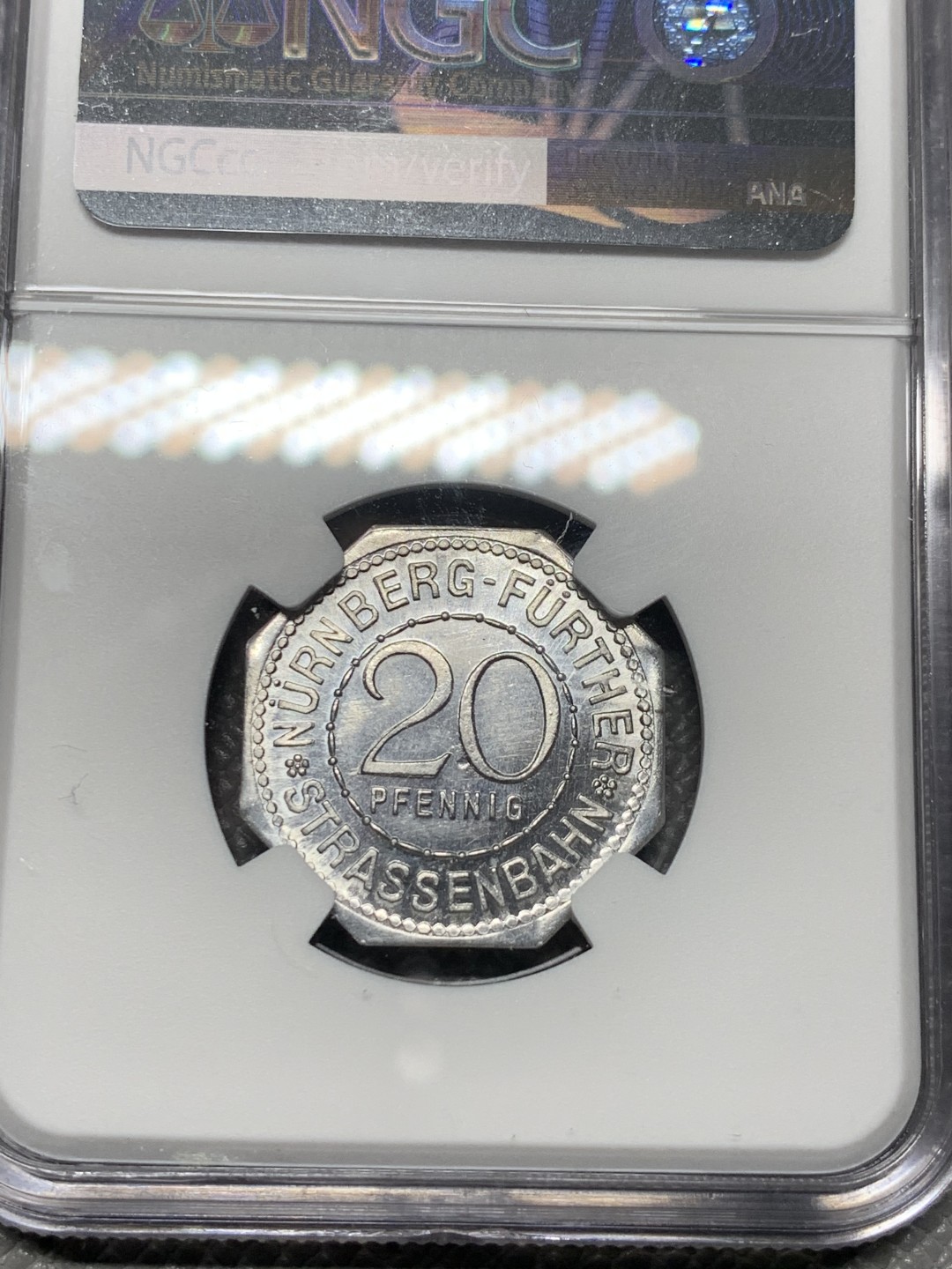 《竞宝斋》第121场-周日，周一 ，2场连拍（全场包邮） NGC-MS64 德国紧急状态货币 1920年纽伦堡八角电车代币 经典设计